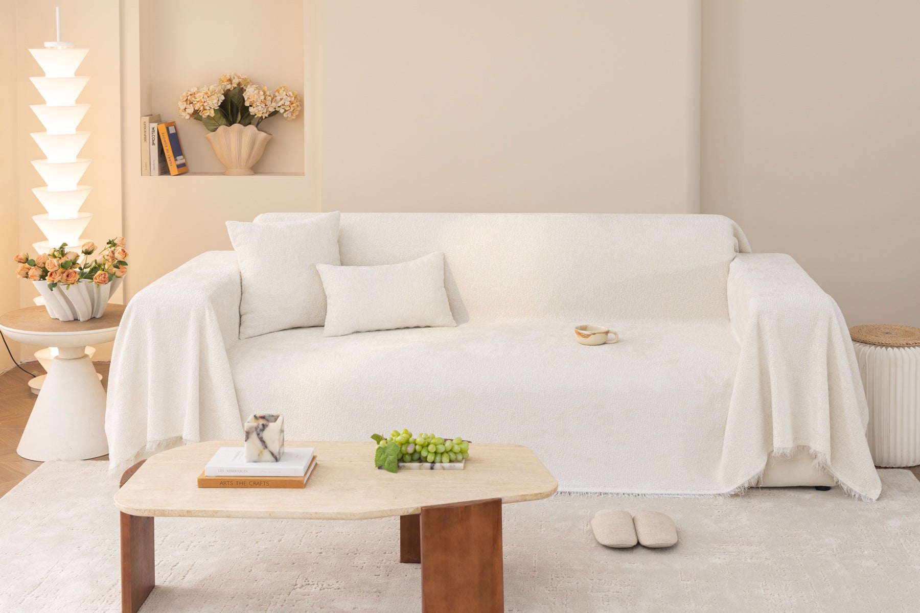 Sofa Decor Solene Textured Chenille Sofa Throw Cover in Cloud White - full sofa throw cover styling for soft chenille couch cover in the UK, image 41