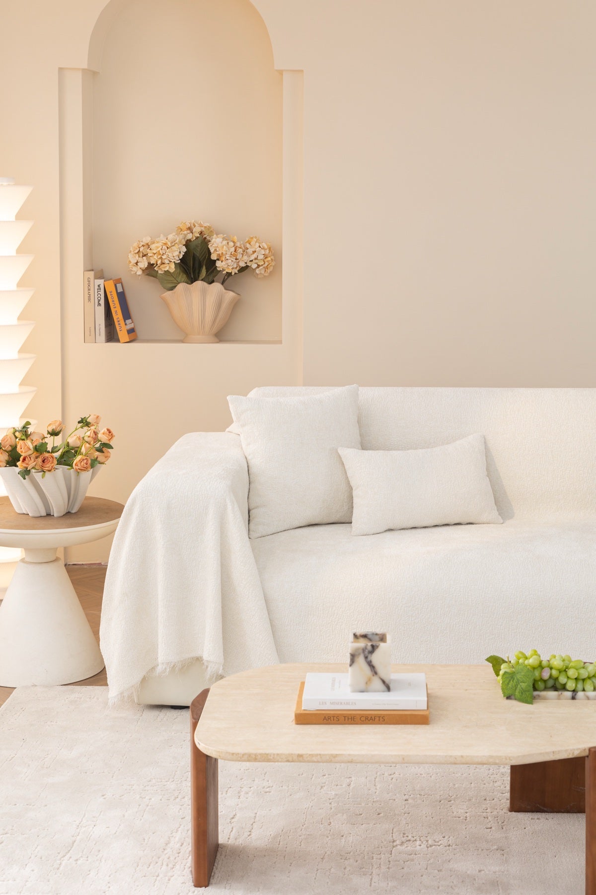 Sofa Decor Solene Textured Chenille Sofa Throw Cover in Cloud White - full sofa throw cover styling for soft chenille couch cover in the UK, image 43