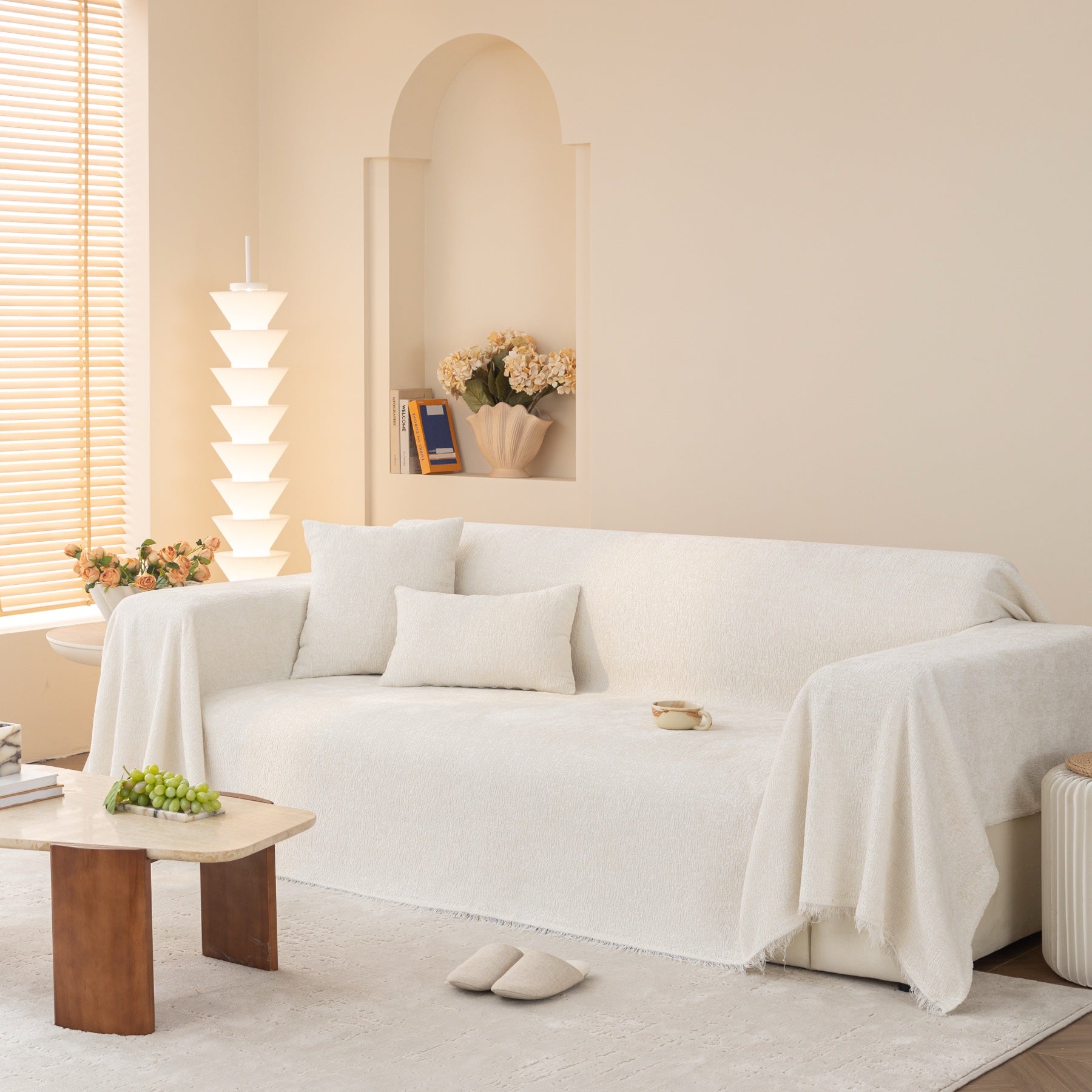Sofa Decor Solene Textured Chenille Sofa Throw Cover in Cloud White - full sofa throw cover styling for soft chenille couch cover in the UK, image 42