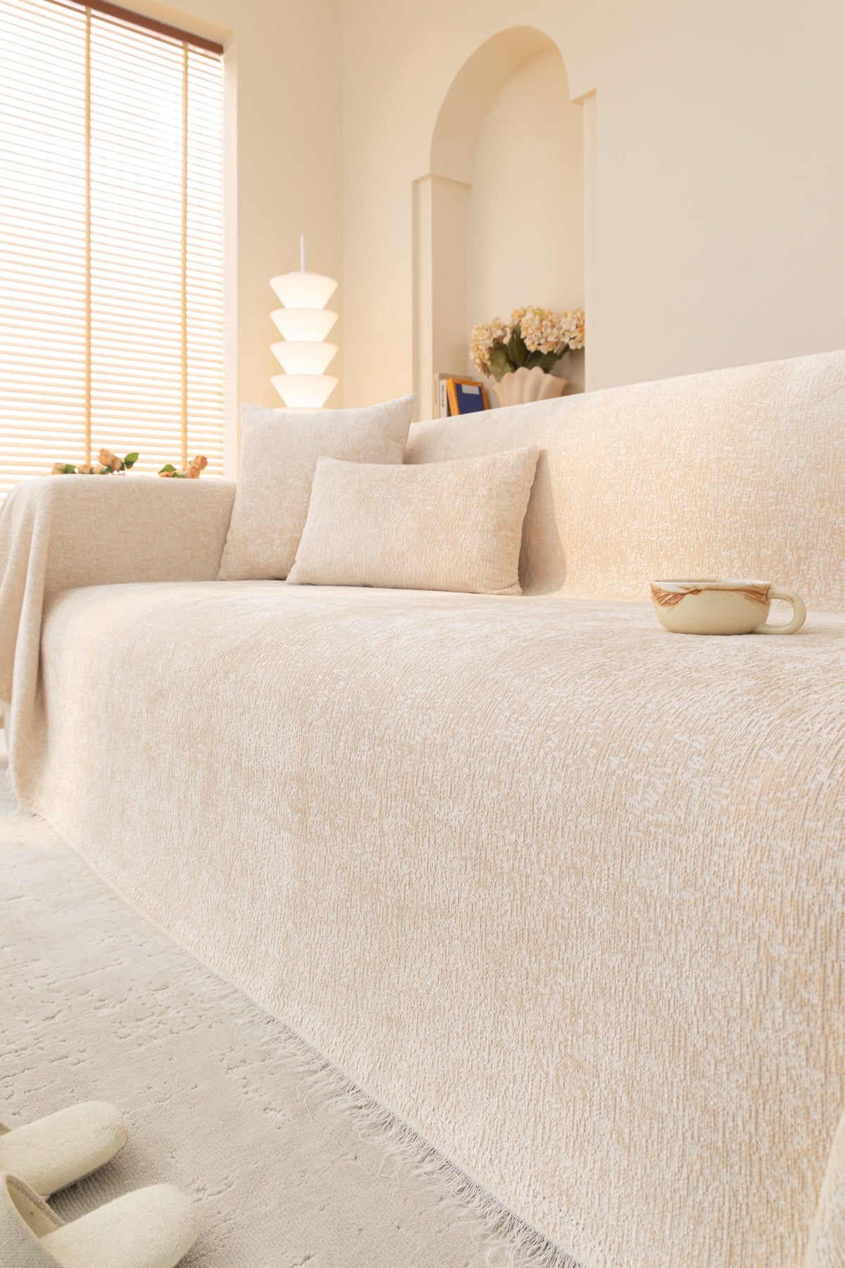 Sofa Decor Solene Textured Chenille Sofa Throw Cover in Ivory Cream - styled textured sofa throw cover for soft chenille couch cover in the UK, image 5