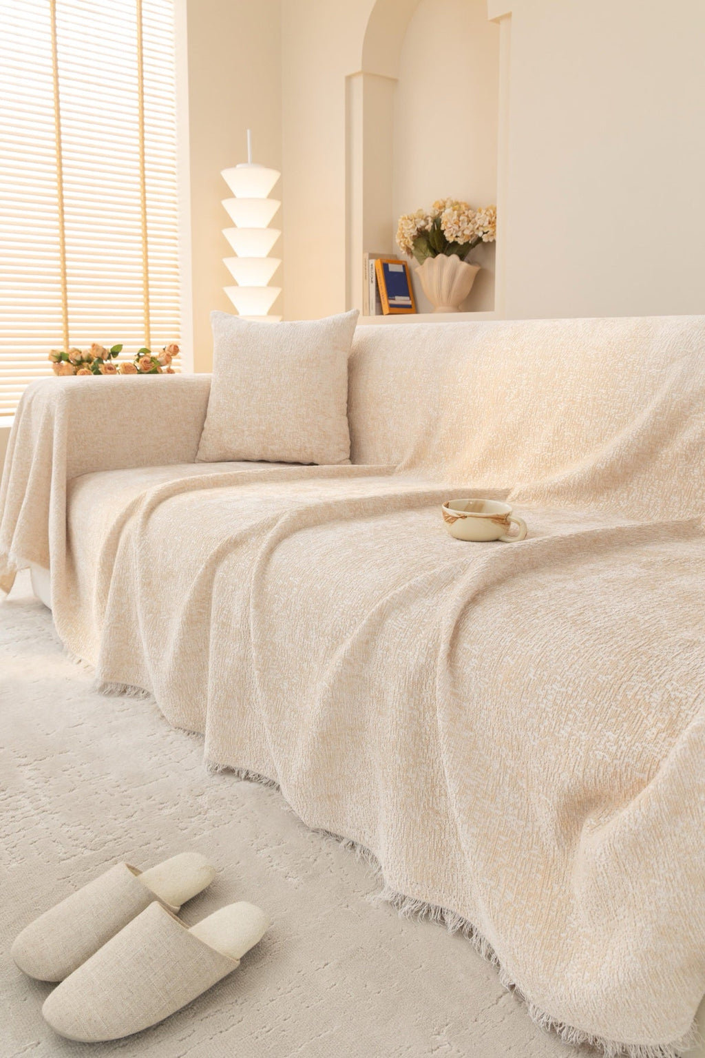Sofa Decor Solene Textured Chenille Sofa Throw Cover in Ivory Cream - styled textured sofa throw cover for soft chenille couch cover in the UK, image 7