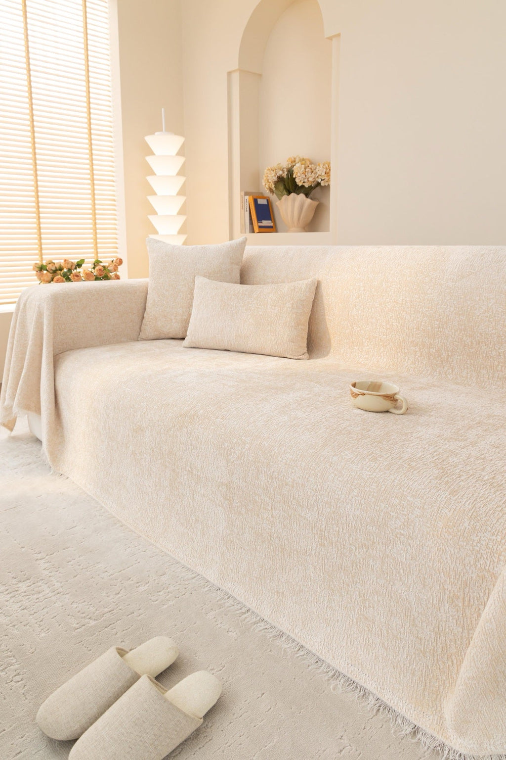 Sofa Decor Solene Textured Chenille Sofa Throw Cover in Ivory Cream - styled textured sofa throw cover for soft chenille couch cover in the UK, image 4