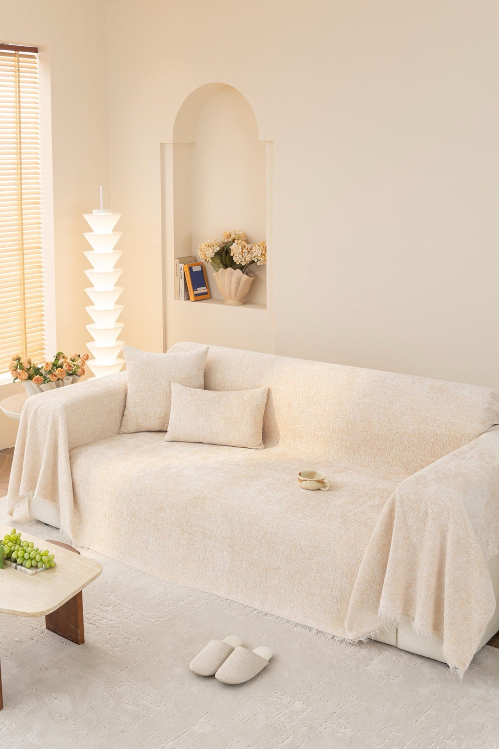 Sofa Decor Solene Textured Chenille Sofa Throw Cover in Ivory Cream - styled textured sofa throw cover for soft chenille couch cover in the UK, image 3