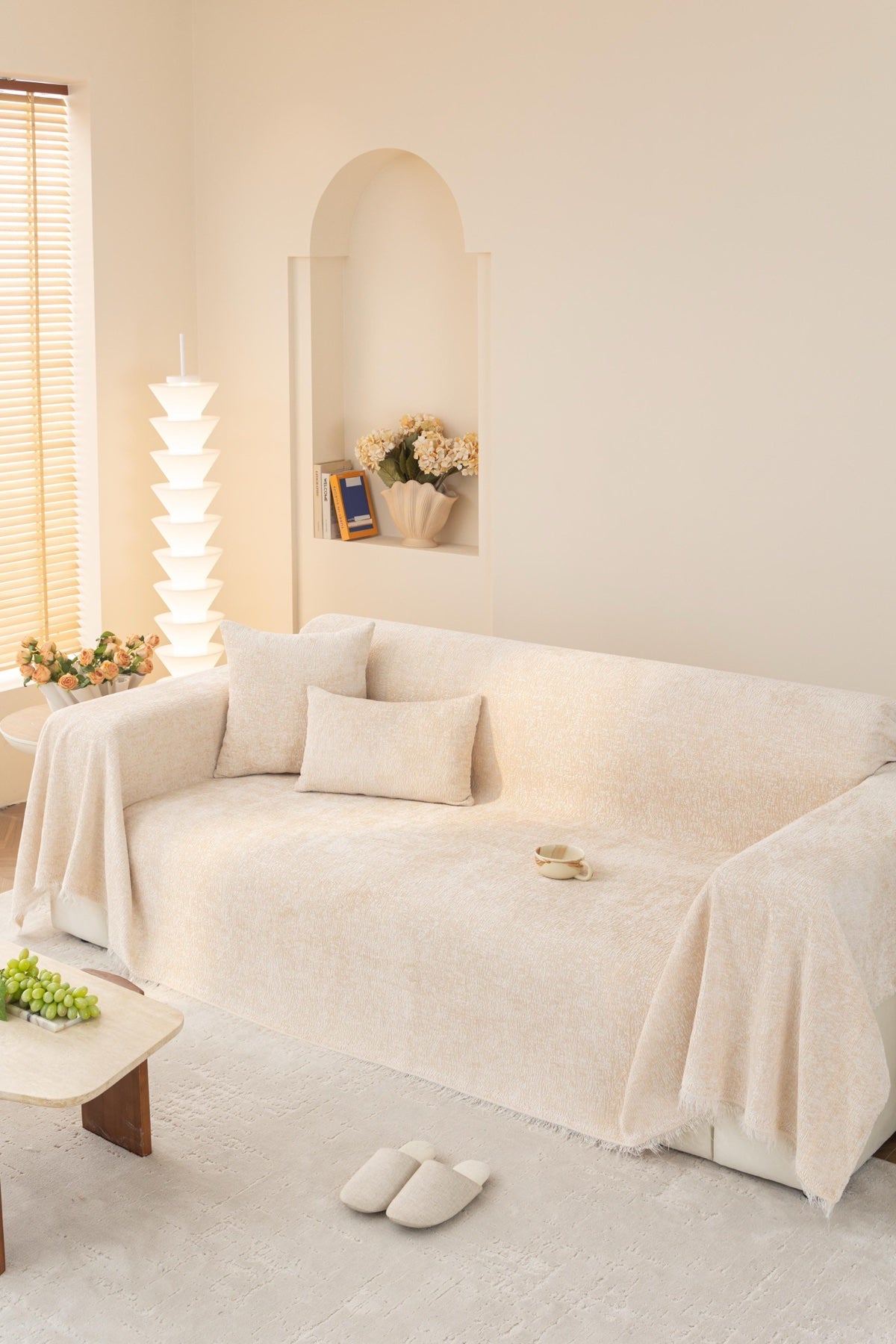 Sofa Decor Solene Textured Chenille Sofa Throw Cover in Ivory Cream - styled textured sofa throw cover for soft chenille couch cover in the UK, image 3