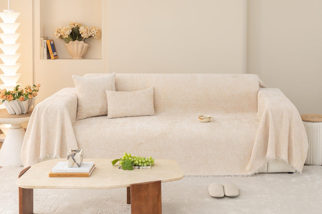 Sofa Decor Solene Textured Chenille Sofa Throw Cover in Ivory Cream - full sofa throw cover styling for soft chenille couch cover in the UK, image 2