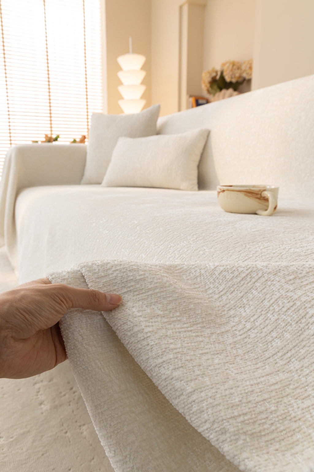 Sofa Decor Solene Textured Chenille Sofa Throw Cover in Ivory Cream - soft chenille texture detail for soft chenille couch cover in the UK, image 9