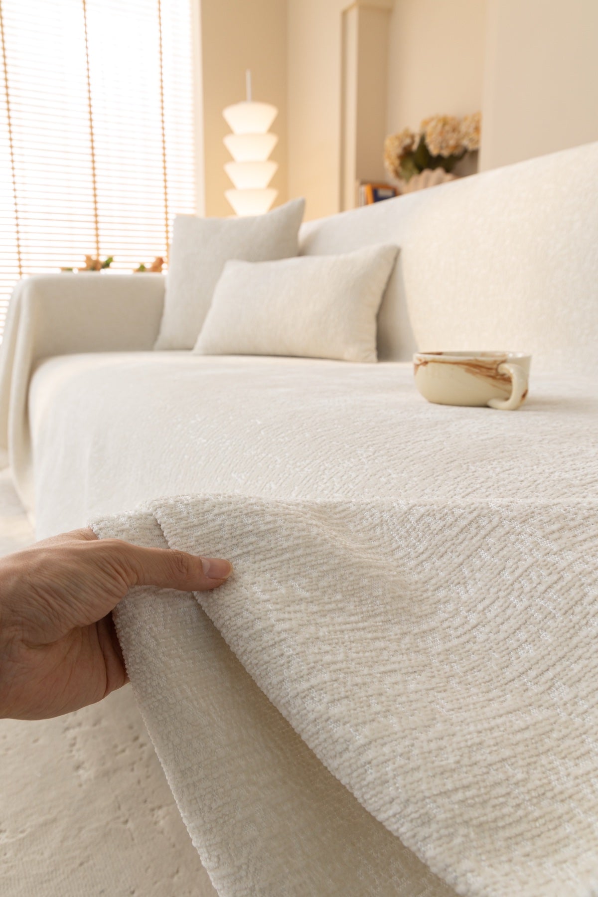 Sofa Decor Solene Textured Chenille Sofa Throw Cover in Ivory Cream - soft chenille texture detail for soft chenille couch cover in the UK, image 9