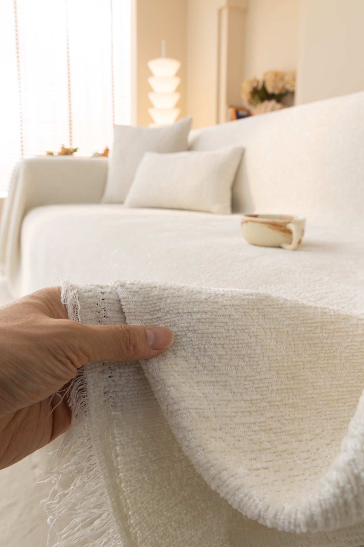 Sofa Decor Solene Textured Chenille Sofa Throw Cover in Ivory Cream - soft chenille texture detail for soft chenille couch cover in the UK, image 10
