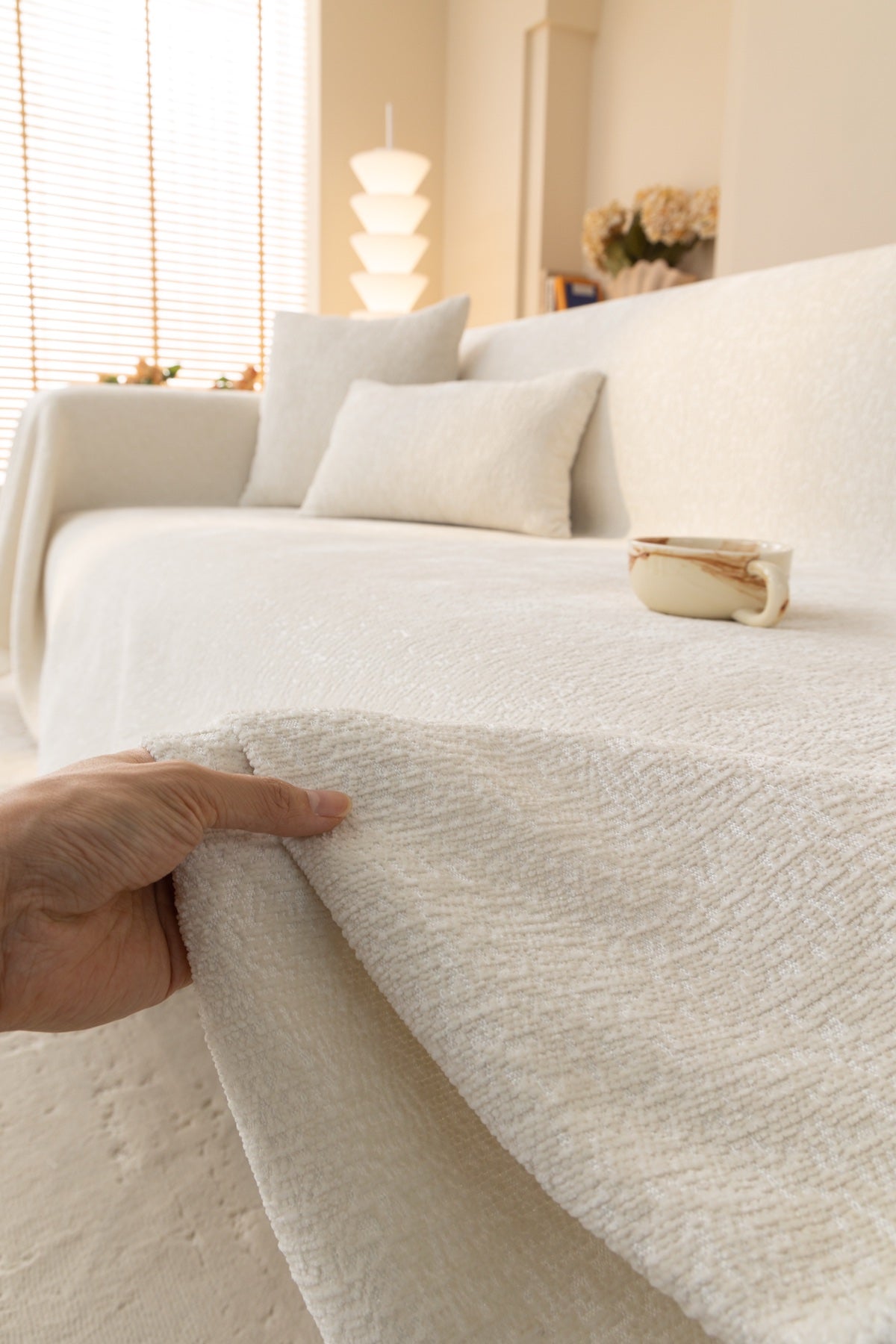 Sofa Decor Solene Textured Chenille Sofa Throw Cover in Ivory Cream - soft chenille texture detail for soft chenille couch cover in the UK, image 11