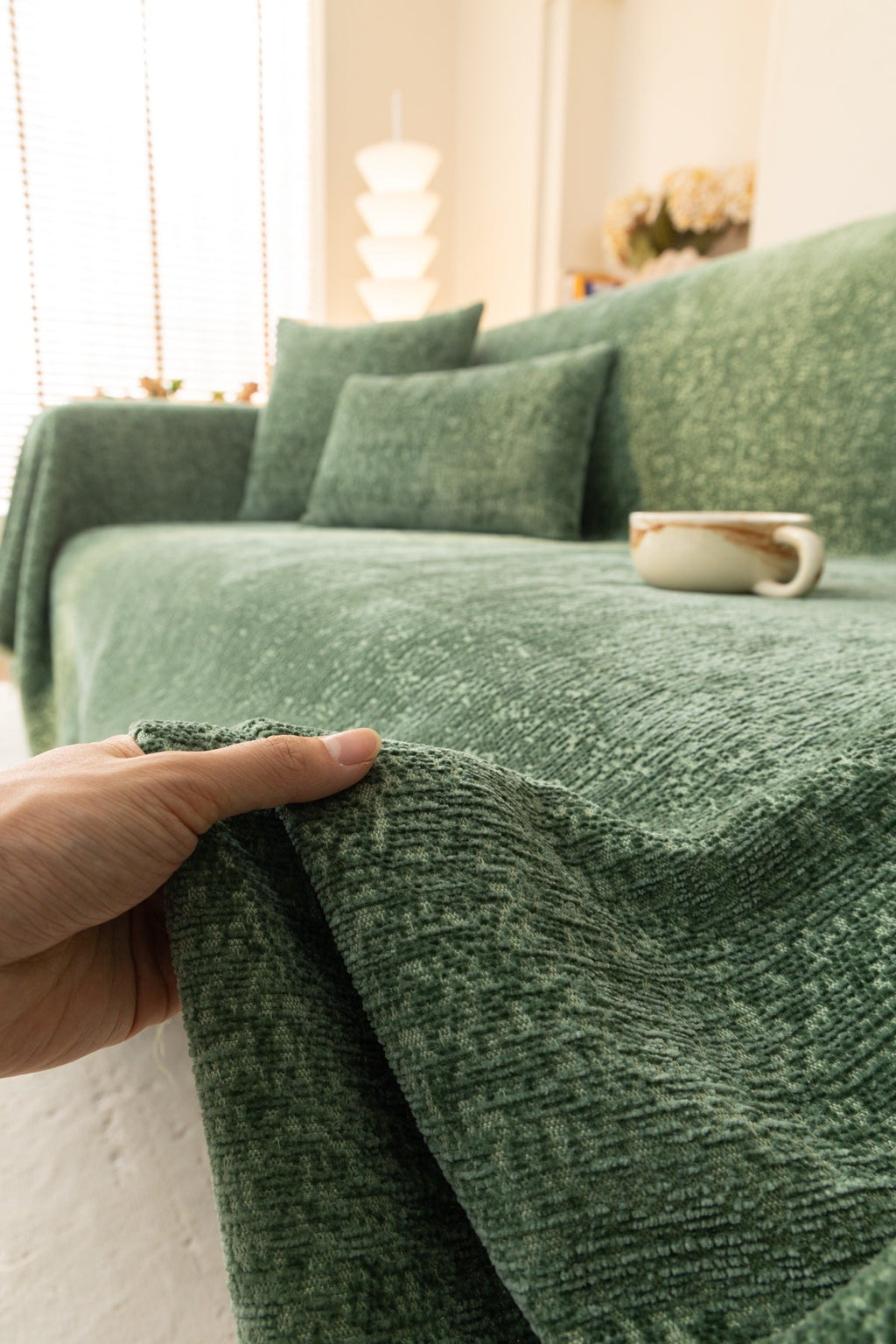 Sofa Decor Solene Textured Chenille Sofa Throw Cover in Sage Green - edge and drape closeup for soft chenille couch cover in the UK, image 22