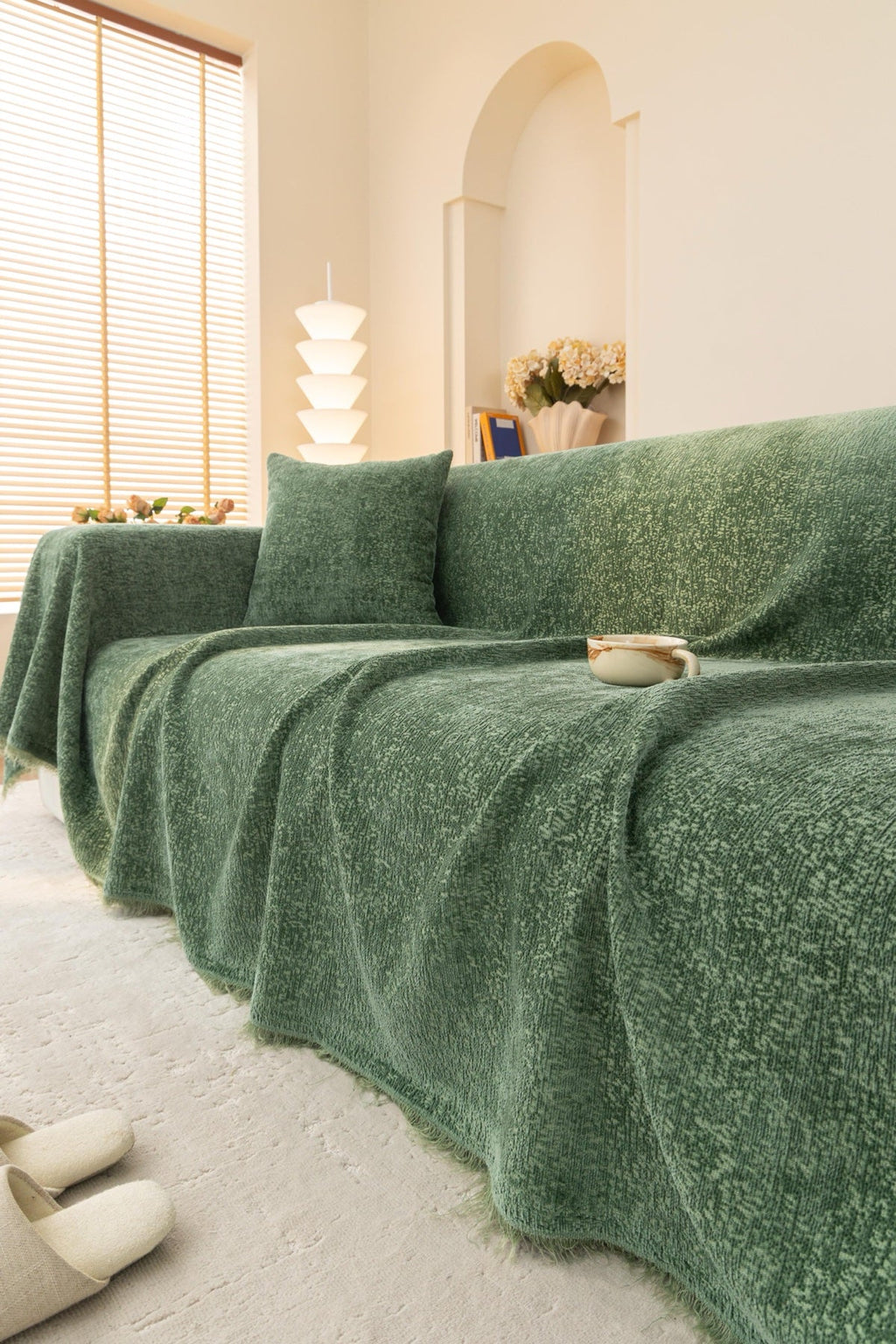 Sofa Decor Solene Textured Chenille Sofa Throw Cover in Sage Green - styled textured sofa throw cover for soft chenille couch cover in the UK, image 18