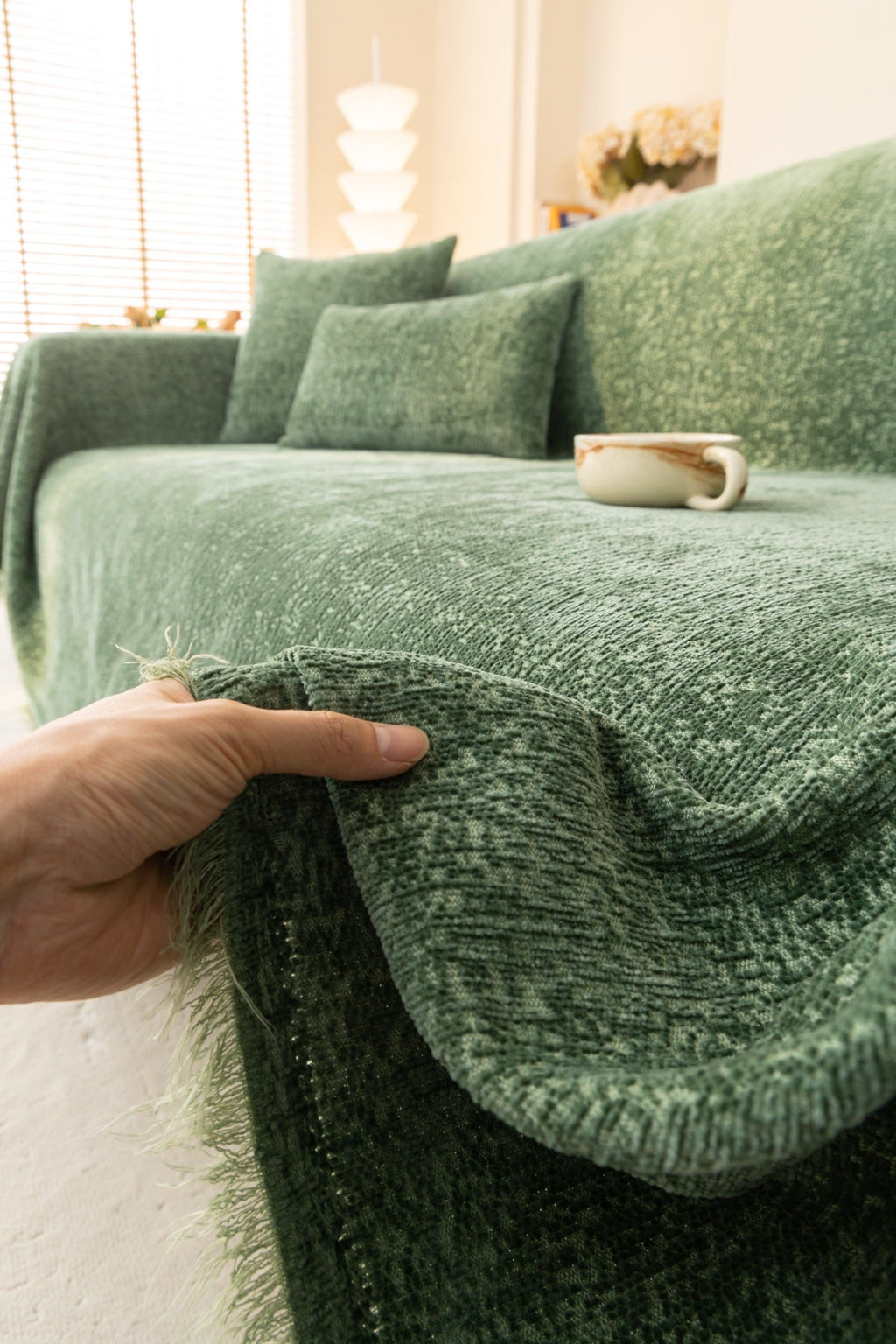 Sofa Decor Solene Textured Chenille Sofa Throw Cover in Sage Green - edge and drape closeup for soft chenille couch cover in the UK, image 23