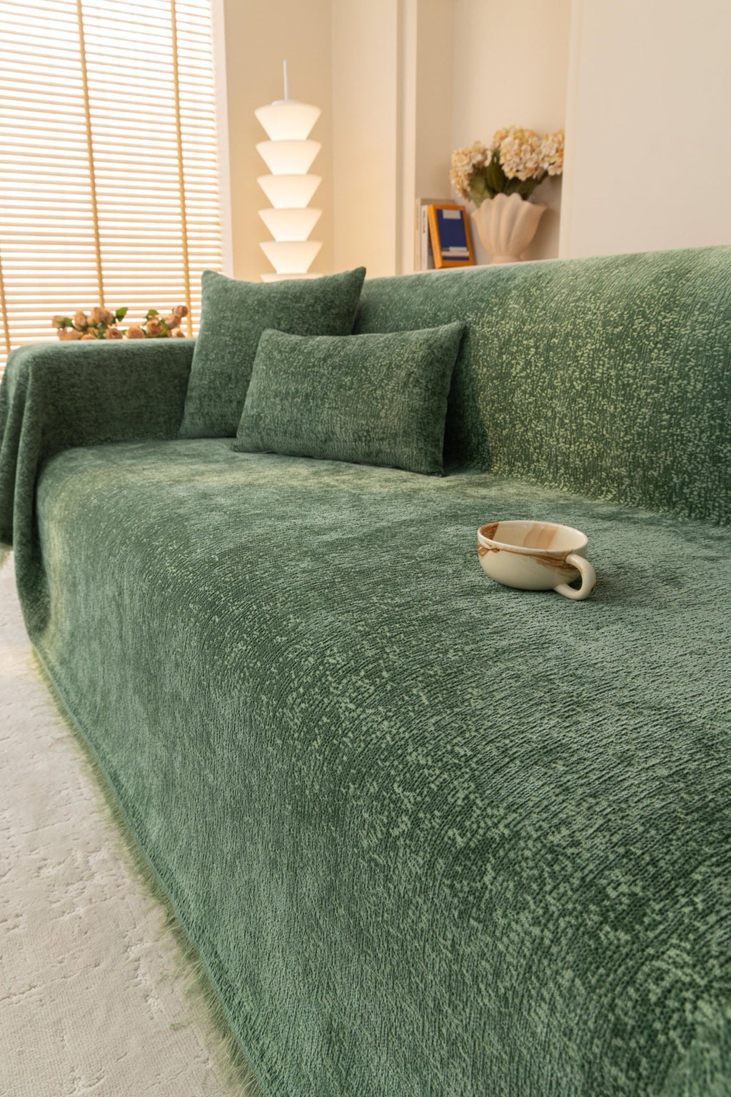 Sofa Decor Solene Textured Chenille Sofa Throw Cover in Sage Green - styled textured sofa throw cover for soft chenille couch cover in the UK, image 20