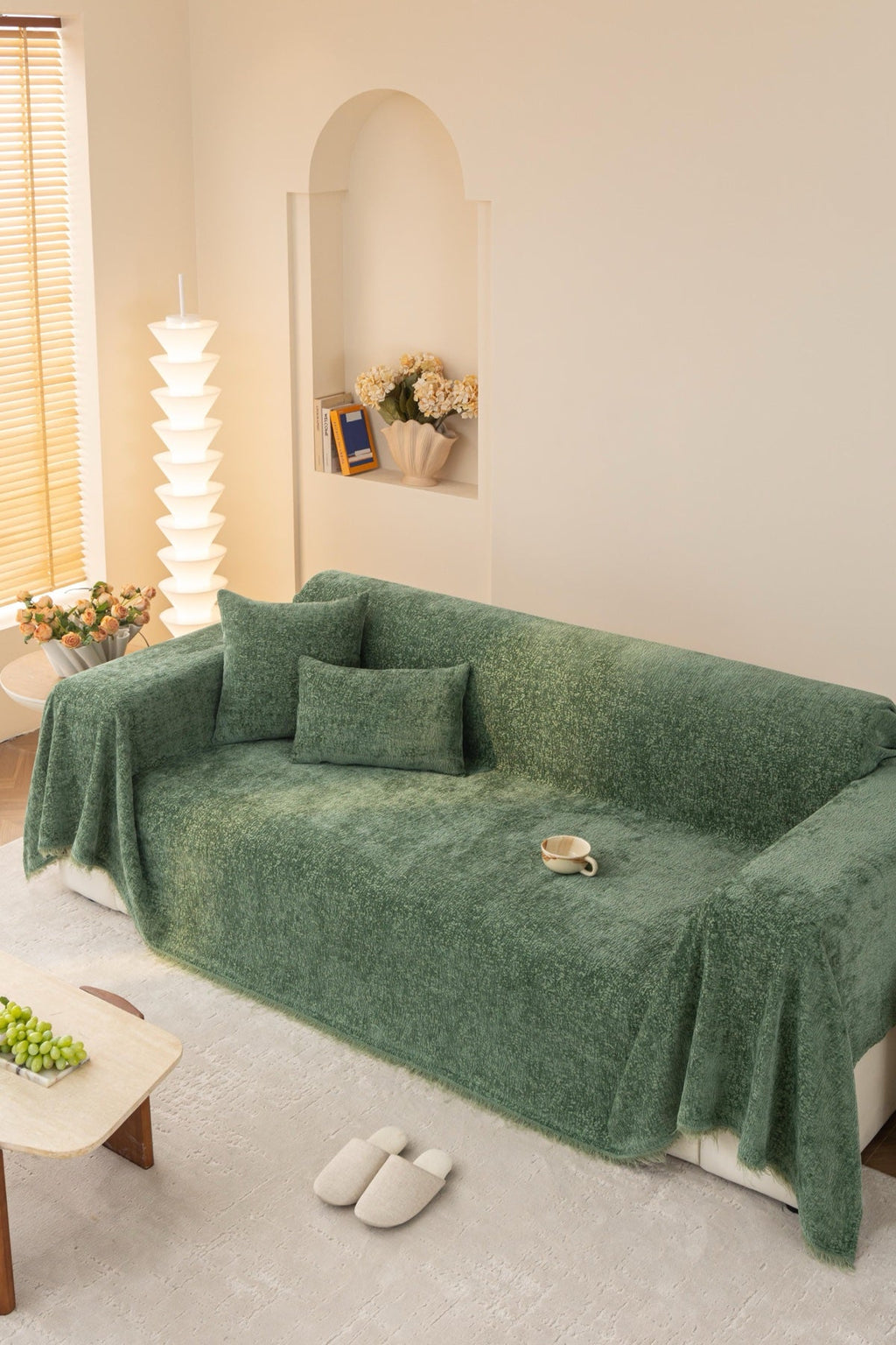 Sofa Decor Solene Textured Chenille Sofa Throw Cover in Sage Green - full sofa throw cover styling for soft chenille couch cover in the UK, image 15