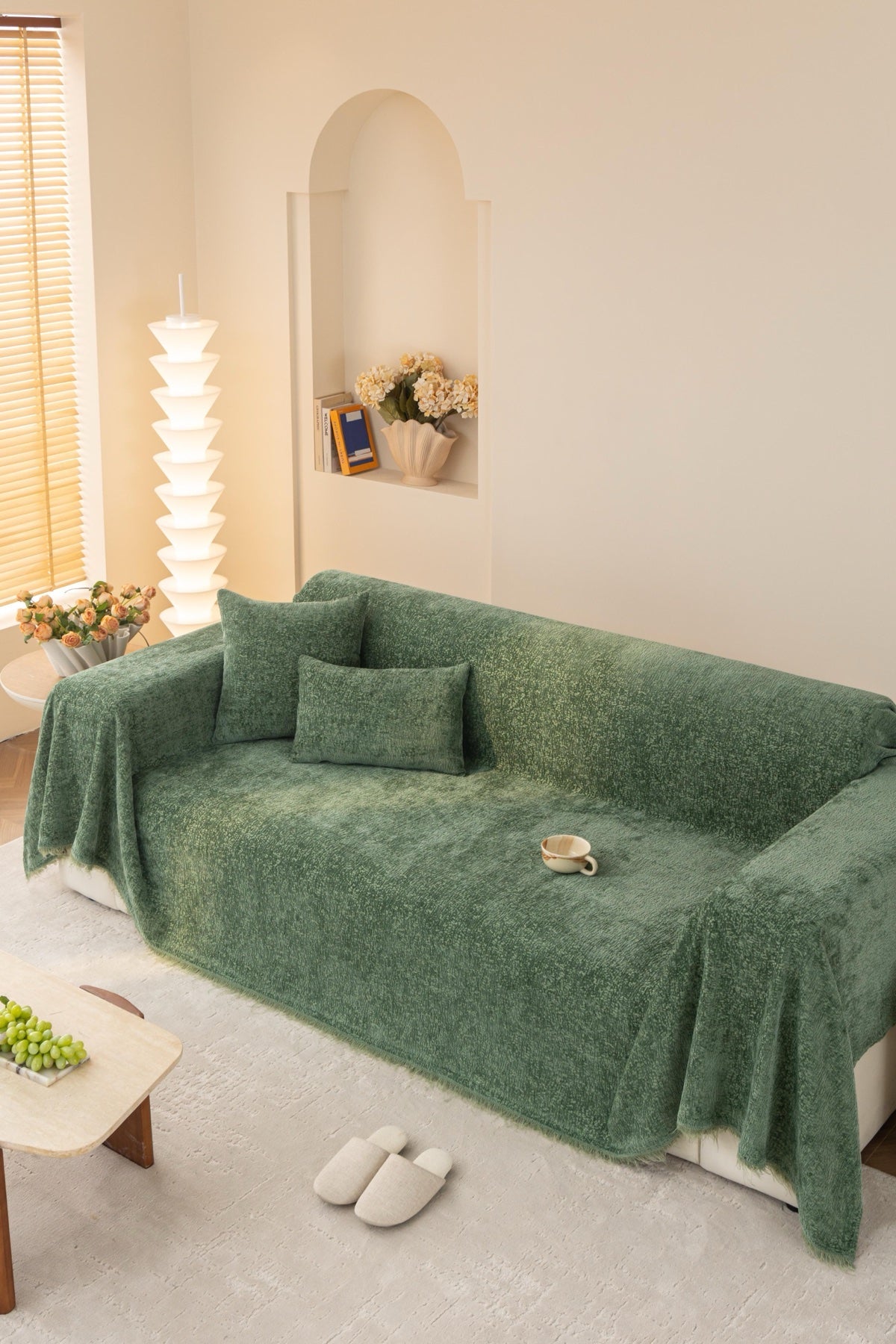 Sofa Decor Solene Textured Chenille Sofa Throw Cover in Sage Green - full sofa throw cover styling for soft chenille couch cover in the UK, image 15
