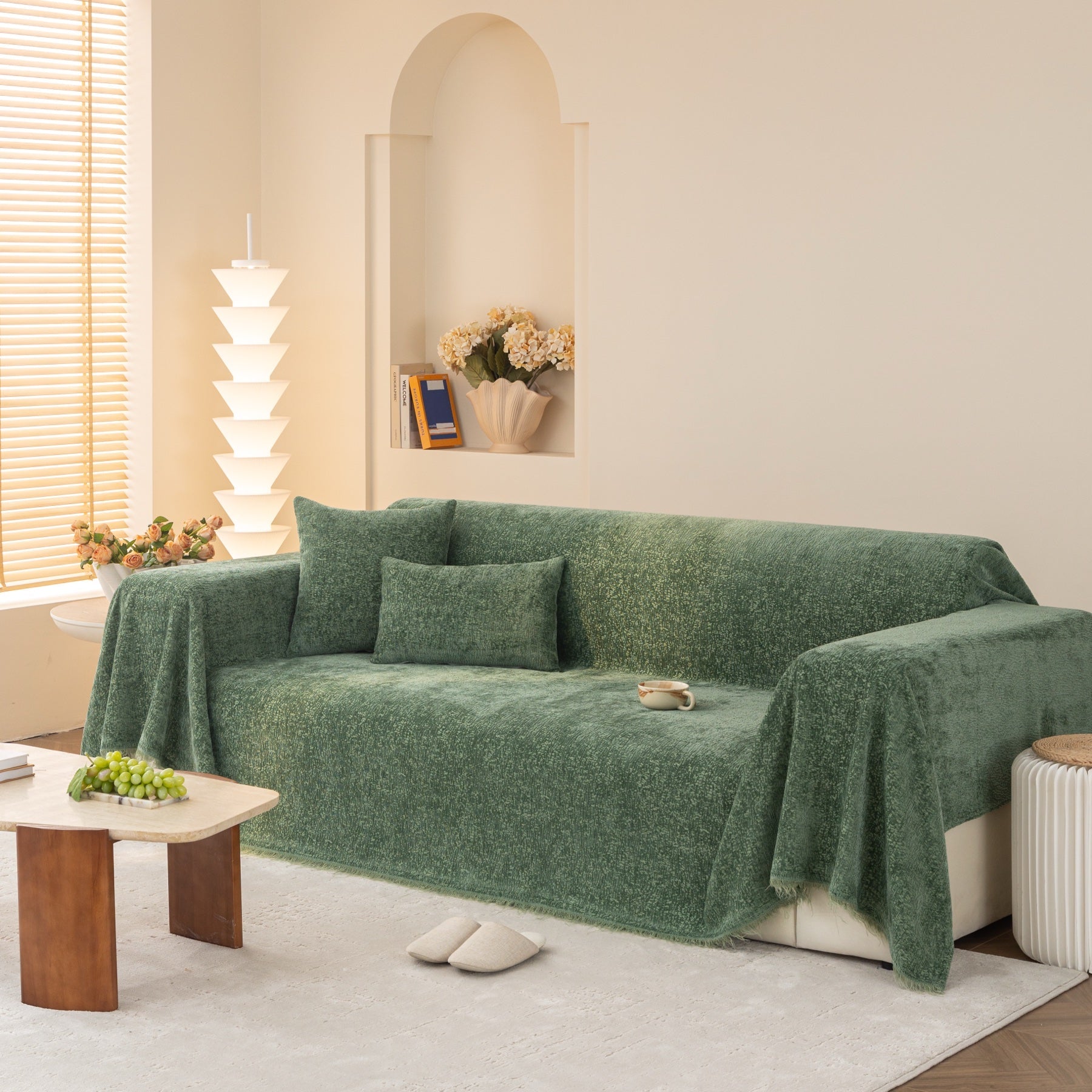 Sofa Decor Solene Textured Chenille Sofa Throw Cover in Sage Green - full sofa throw cover styling for soft chenille couch cover in the UK, image 14