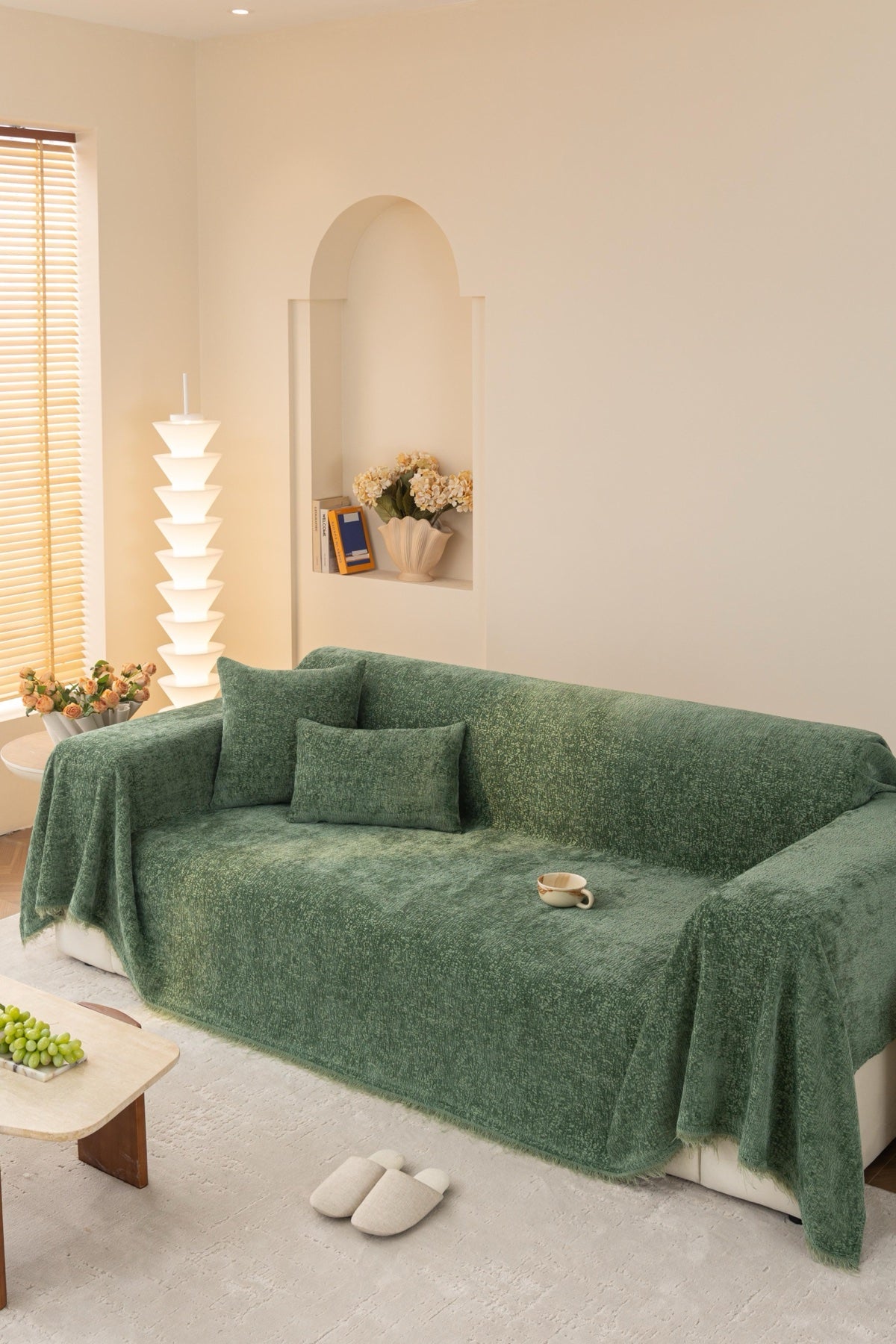 Sofa Decor Solene Textured Chenille Sofa Throw Cover in Sage Green - full sofa throw cover styling for soft chenille couch cover in the UK, image 16