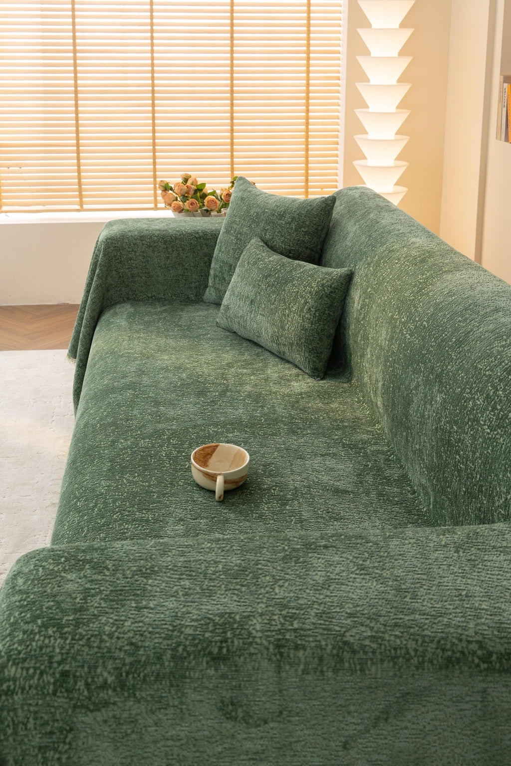 Sofa Decor Solene Textured Chenille Sofa Throw Cover in Sage Green - styled textured sofa throw cover for soft chenille couch cover in the UK, image 17