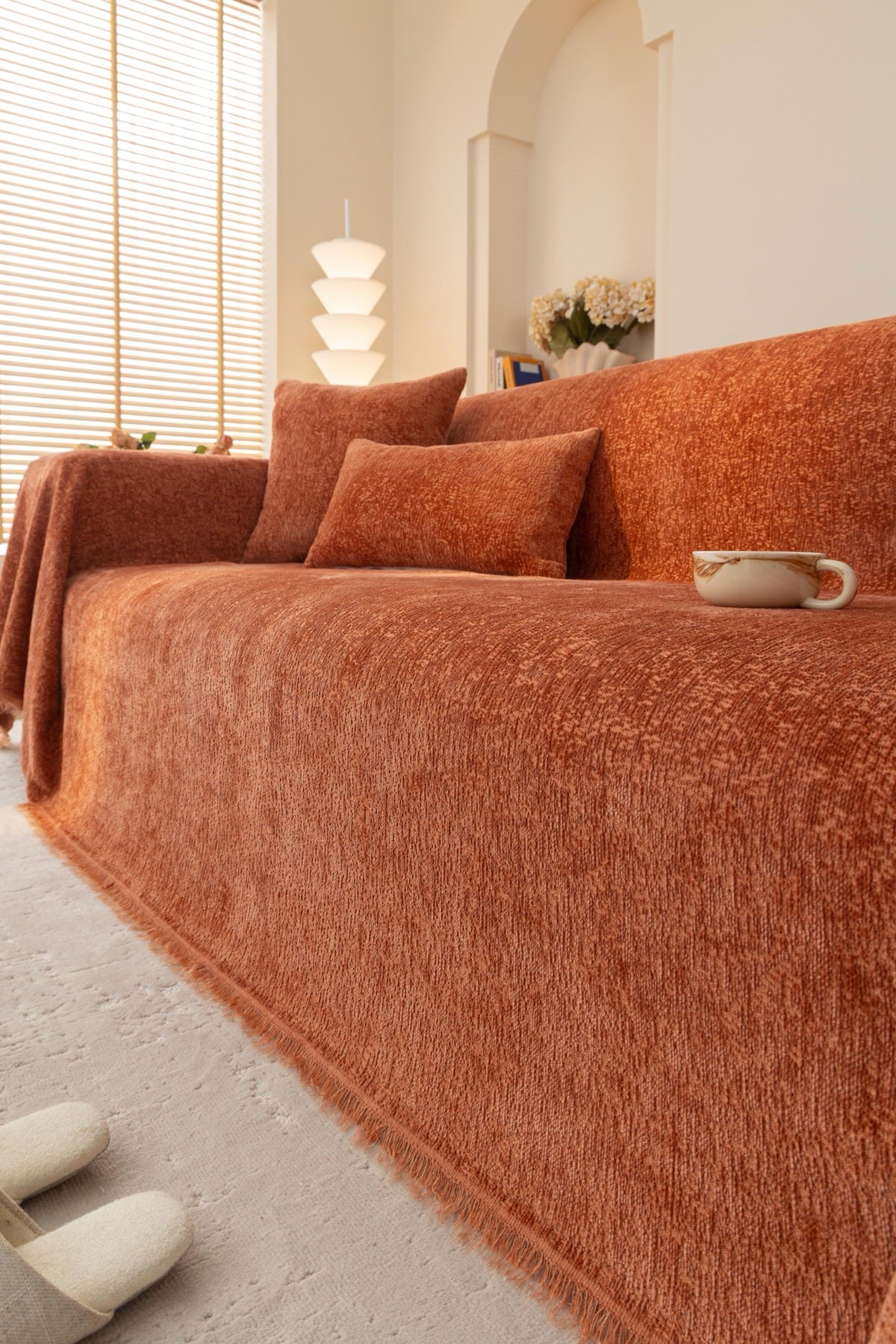 Sofa Decor Solene Textured Chenille Sofa Throw Cover in Terracotta Rust - styled textured sofa throw cover for soft chenille couch cover in the UK, image 31
