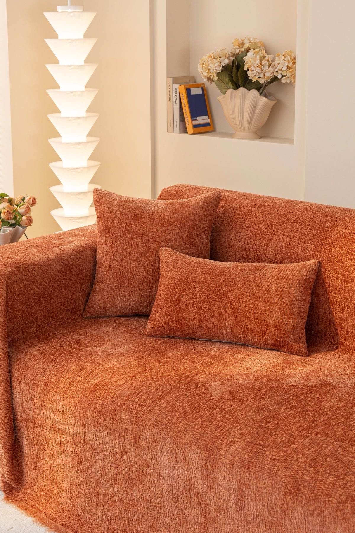 Sofa Decor Solene Textured Chenille Sofa Throw Cover in Terracotta Rust - styled textured sofa throw cover for soft chenille couch cover in the UK, image 34