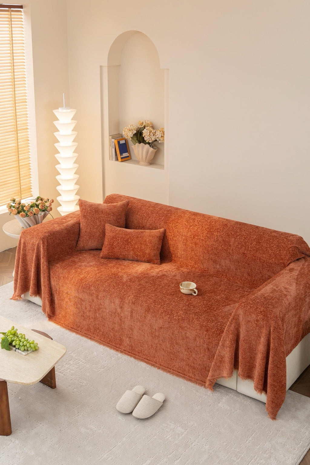 Sofa Decor Solene Textured Chenille Sofa Throw Cover in Terracotta Rust - full sofa throw cover styling for soft chenille couch cover in the UK, image 28