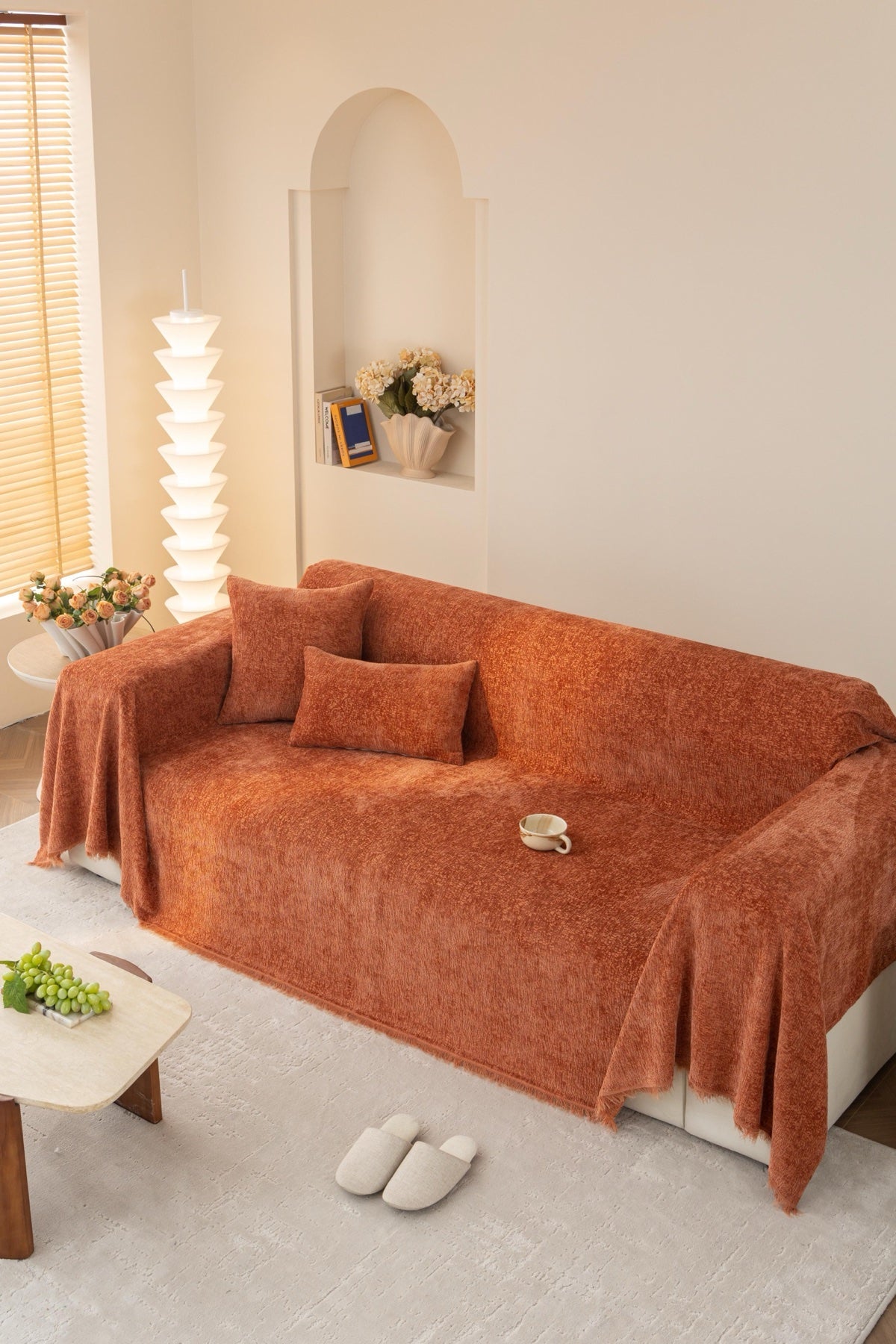 Sofa Decor Solene Textured Chenille Sofa Throw Cover in Terracotta Rust - full sofa throw cover styling for soft chenille couch cover in the UK, image 28