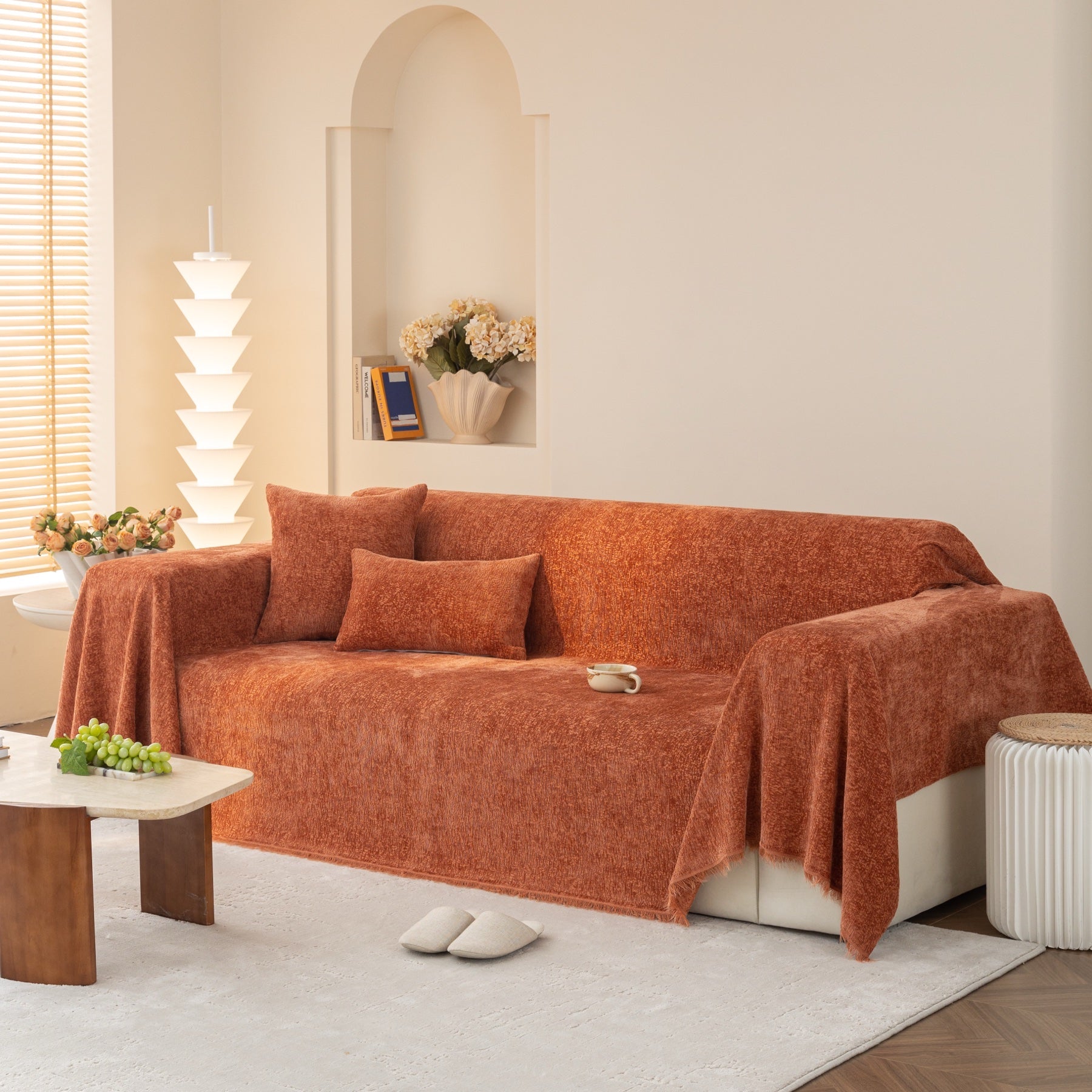 Sofa Decor Solene Textured Chenille Sofa Throw Cover in Terracotta Rust - full sofa throw cover styling for soft chenille couch cover in the UK, image 27