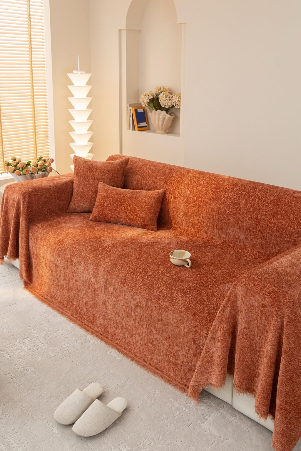 Sofa Decor Solene Textured Chenille Sofa Throw Cover in Terracotta Rust - full sofa throw cover styling for soft chenille couch cover in the UK, image 29