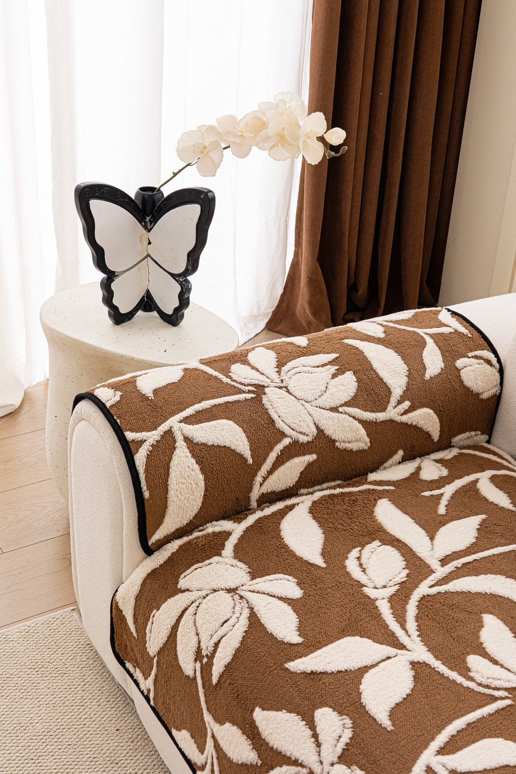 Sofa Decor Willow Quilted Leaf Sofa Seat Cover in Cocoa Leaf - back cushion fit view for quilted sofa seat covers in the UK