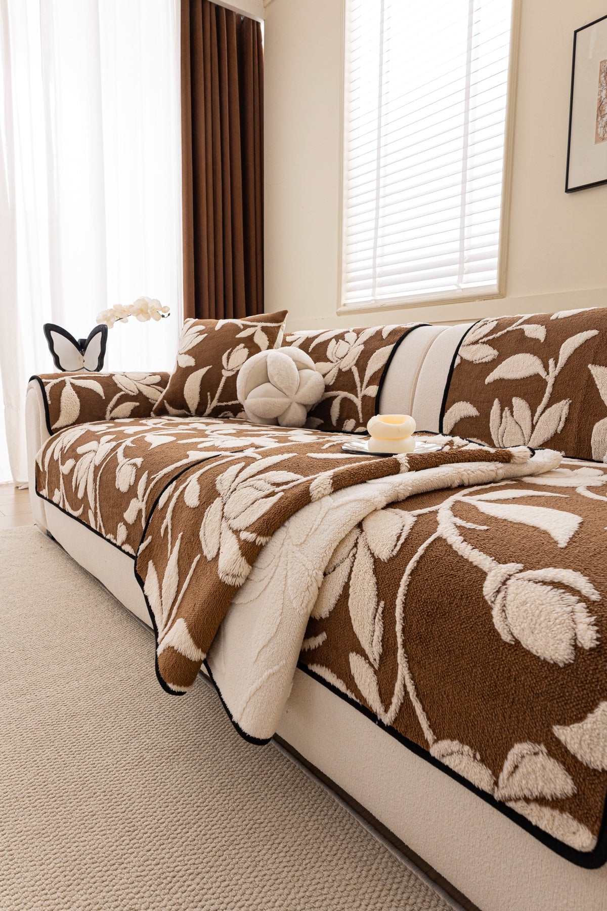 Sofa Decor Willow Quilted Leaf Sofa Seat Cover in Cocoa Leaf - styled sofa seat cover for quilted sofa seat covers in the UK