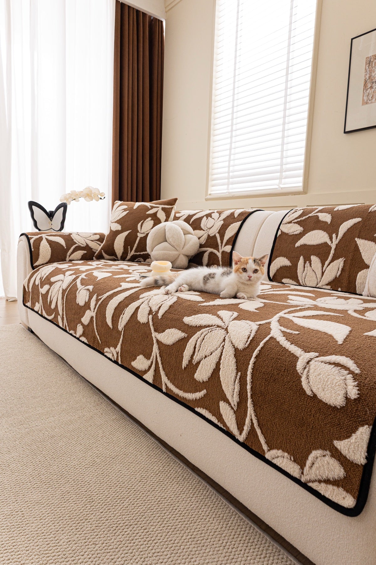 Sofa Decor Willow Quilted Leaf Sofa Seat Cover in Cocoa Leaf - styled sofa seat cover for quilted sofa seat covers in the UK