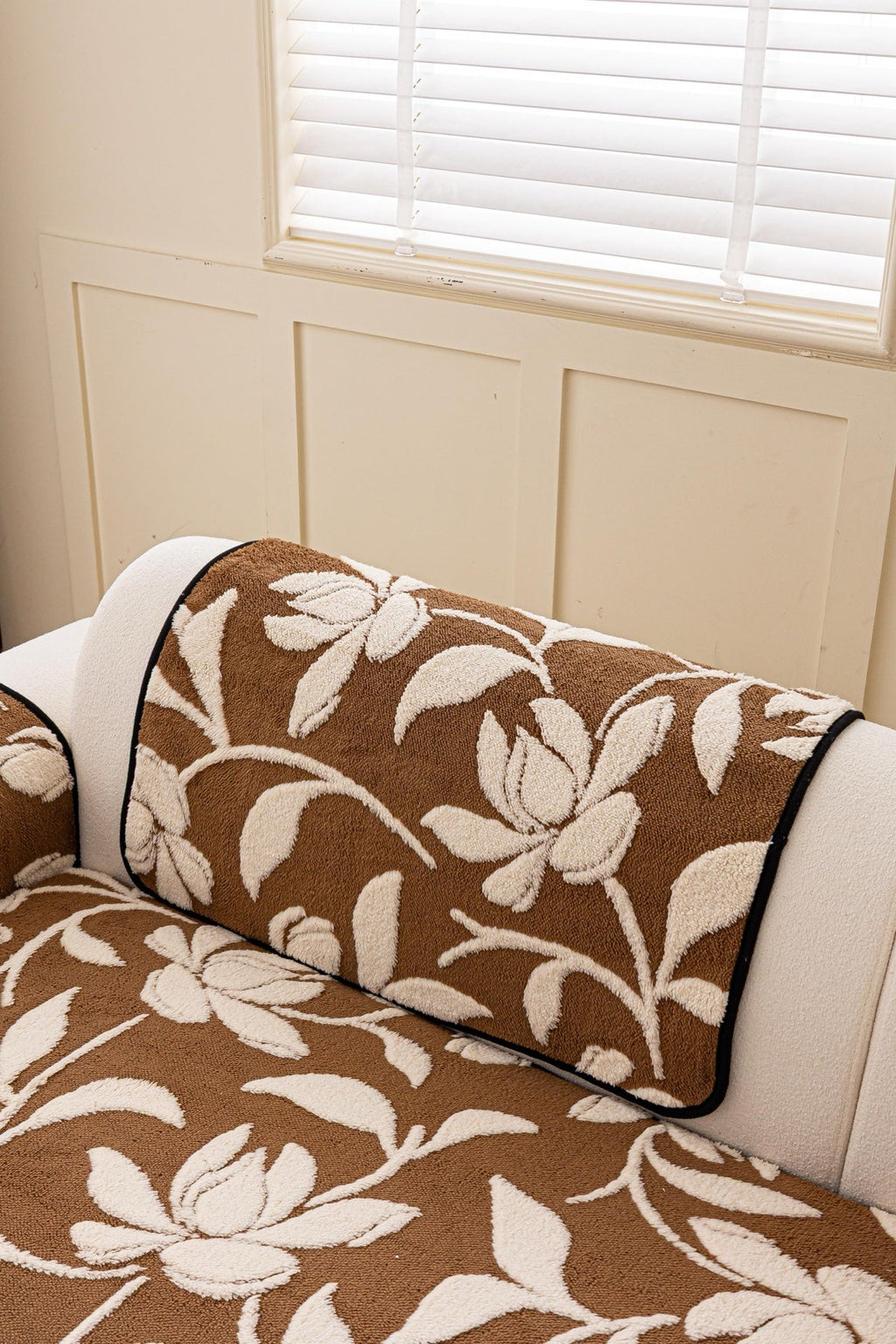 Sofa Decor Willow Quilted Leaf Sofa Seat Cover in Cocoa Leaf - back cushion fit view for quilted sofa seat covers in the UK