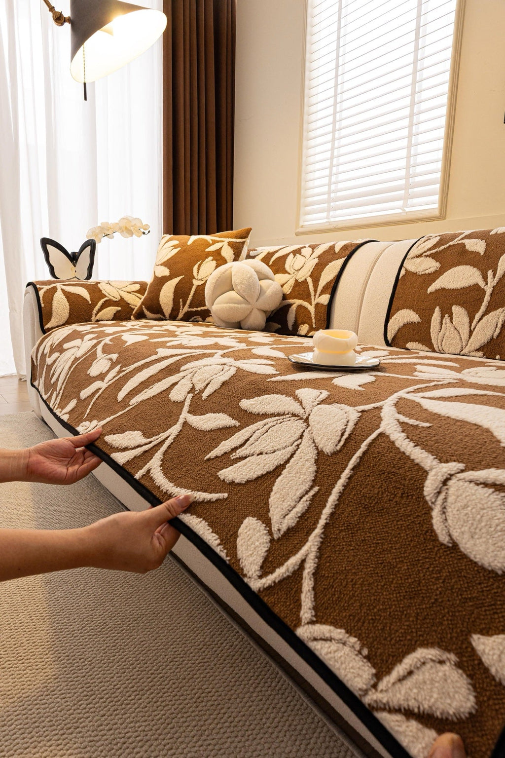 Sofa Decor Willow Quilted Leaf Sofa Seat Cover in Cocoa Leaf - styled sofa seat cover for quilted sofa seat covers in the UK