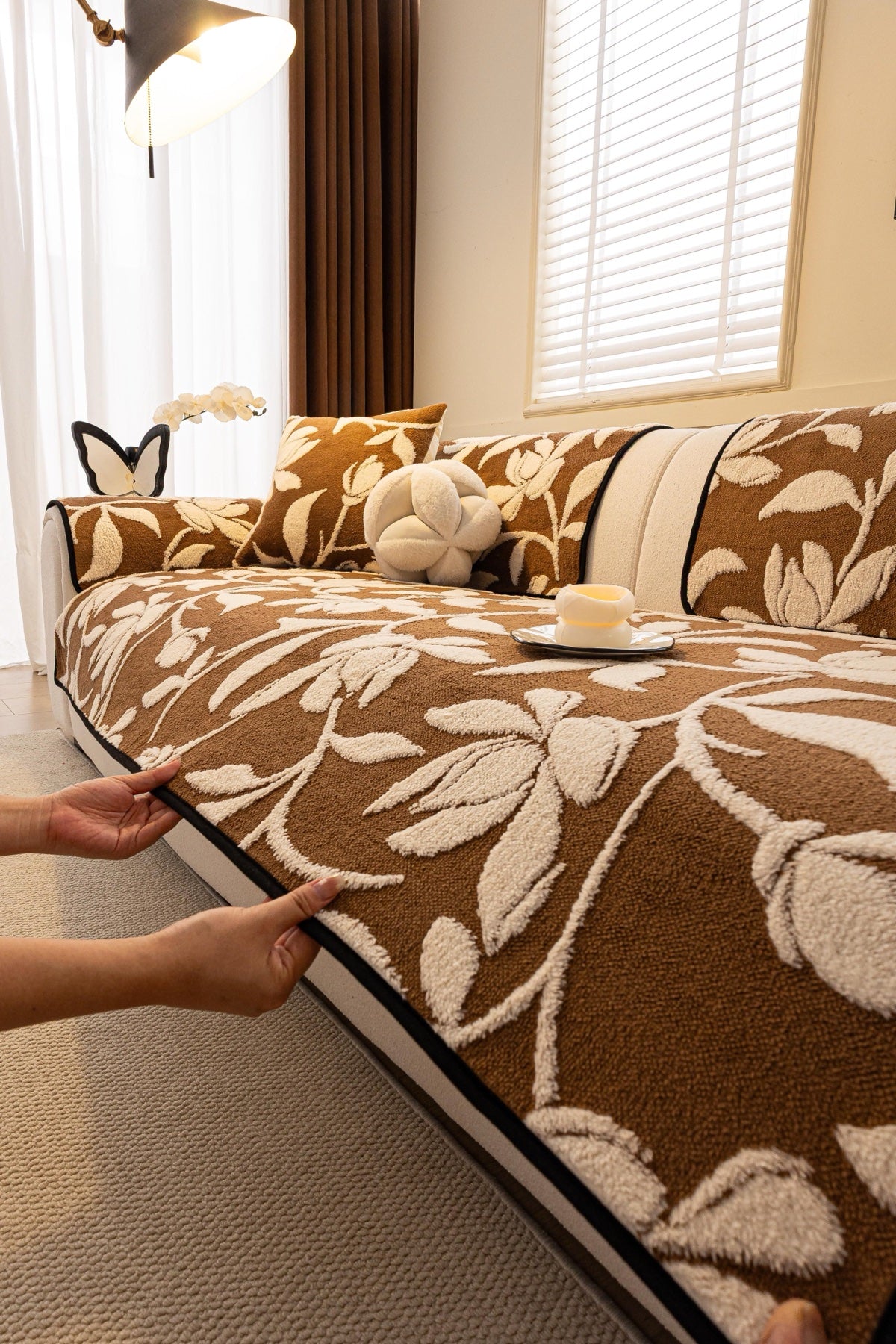 Sofa Decor Willow Quilted Leaf Sofa Seat Cover in Cocoa Leaf - styled sofa seat cover for quilted sofa seat covers in the UK