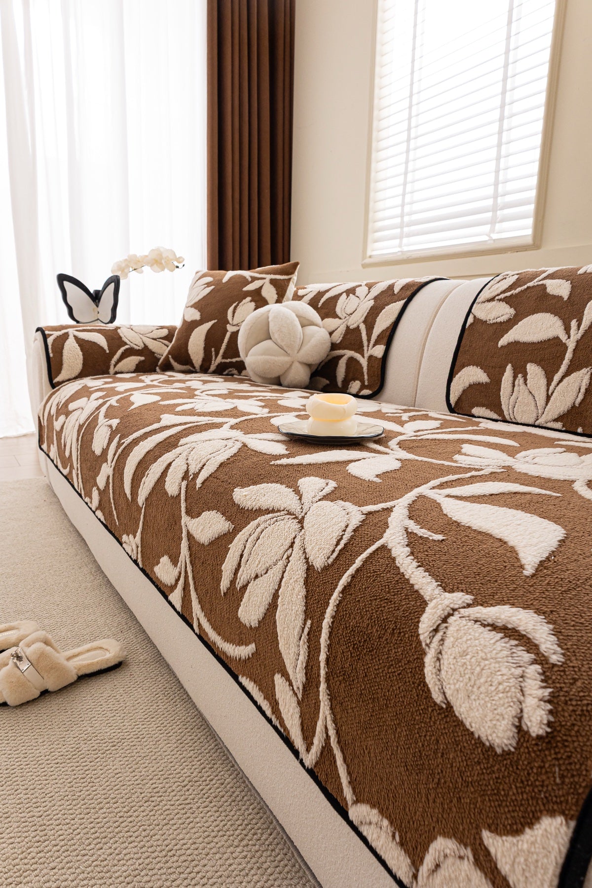 Sofa Decor Willow Quilted Leaf Sofa Seat Cover in Cocoa Leaf - styled sofa seat cover for quilted sofa seat covers in the UK