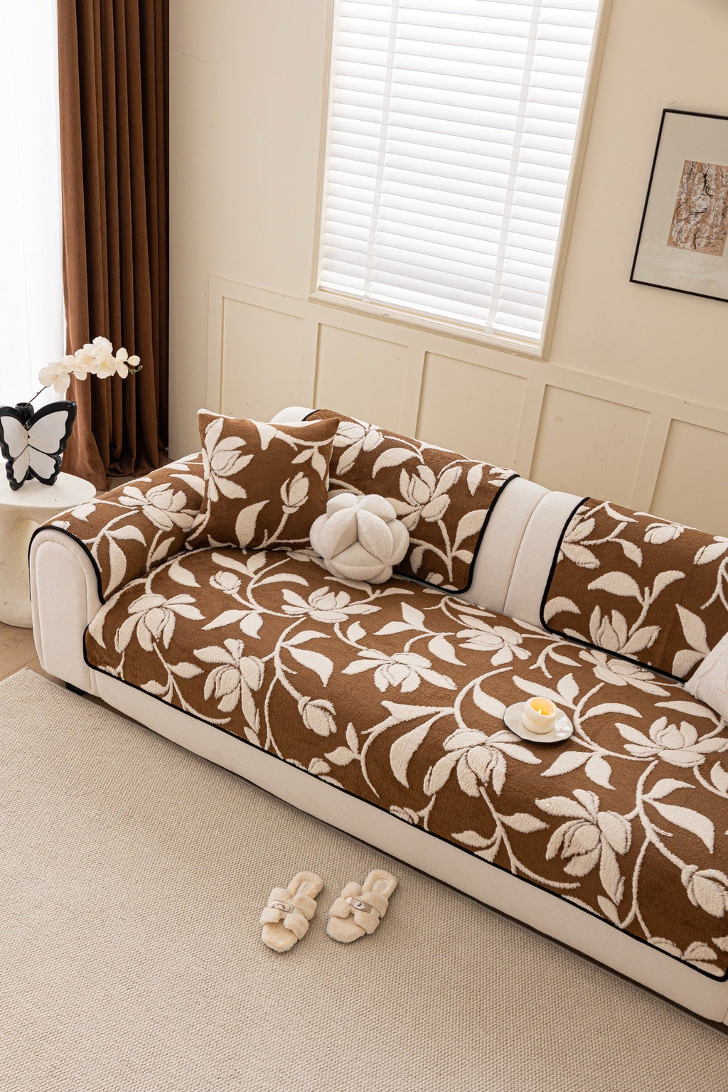 Sofa Decor Willow Quilted Leaf Sofa Seat Cover in Cocoa Leaf - styled sofa seat cover for quilted sofa seat covers in the UK
