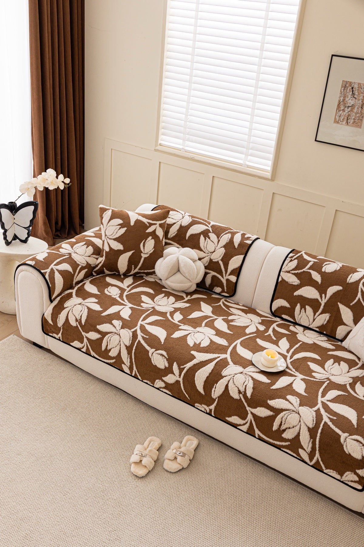Sofa Decor Willow Quilted Leaf Sofa Seat Cover in Cocoa Leaf - styled sofa seat cover for quilted sofa seat covers in the UK