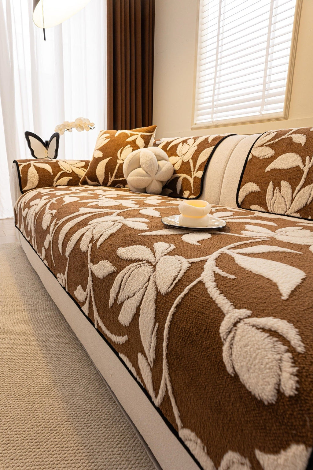Sofa Decor Willow Quilted Leaf Sofa Seat Cover in Cocoa Leaf - styled sofa seat cover for quilted sofa seat covers in the UK