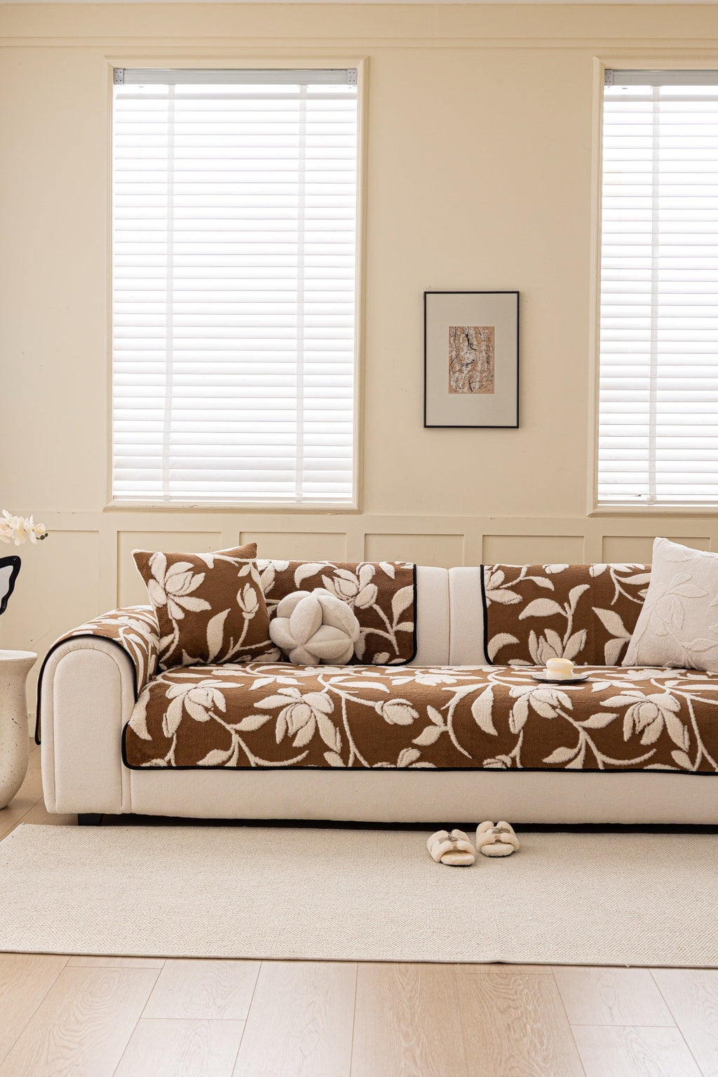 Sofa Decor Willow Quilted Leaf Sofa Seat Cover in Cocoa Leaf - front sofa fit view for quilted sofa seat covers in the UK
