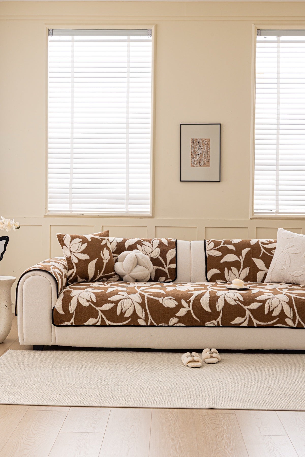 Sofa Decor Willow Quilted Leaf Sofa Seat Cover in Cocoa Leaf - front sofa fit view for quilted sofa seat covers in the UK