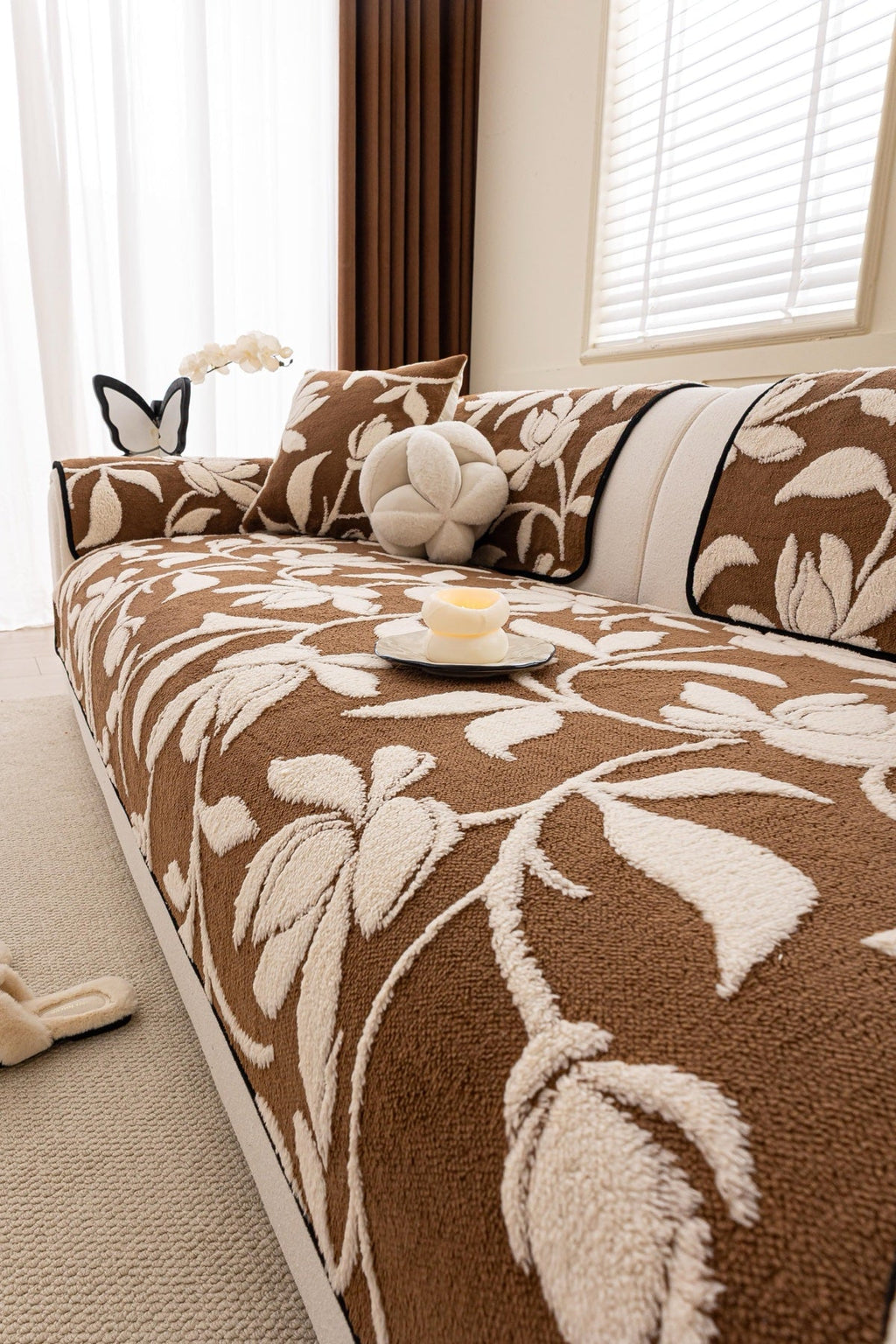 Sofa Decor Willow Quilted Leaf Sofa Seat Cover in Cocoa Leaf - styled sofa seat cover for quilted sofa seat covers in the UK