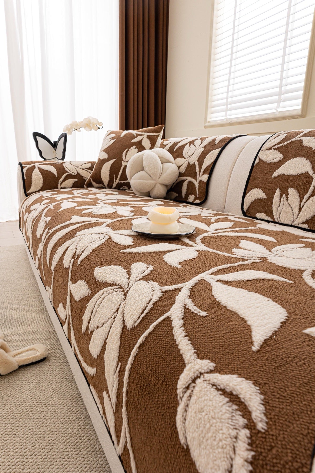 Sofa Decor Willow Quilted Leaf Sofa Seat Cover in Cocoa Leaf - styled sofa seat cover for quilted sofa seat covers in the UK