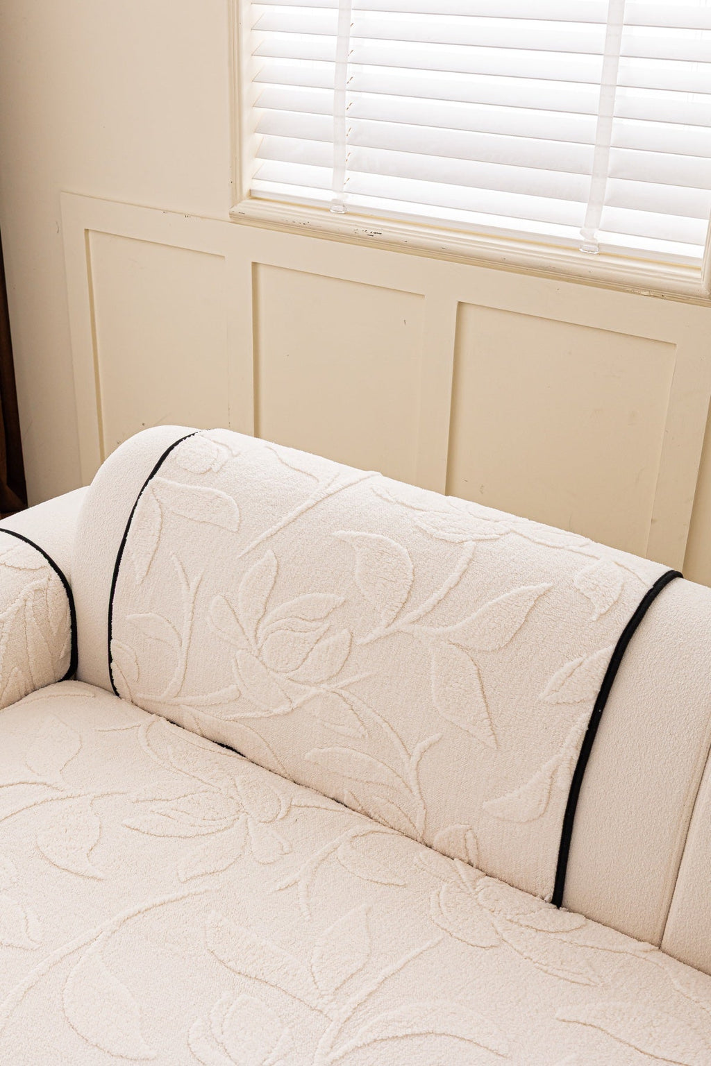 Sofa Decor Willow Quilted Leaf Sofa Seat Cover in Ivory Leaf - back cushion fit view for quilted sofa seat covers in the UK