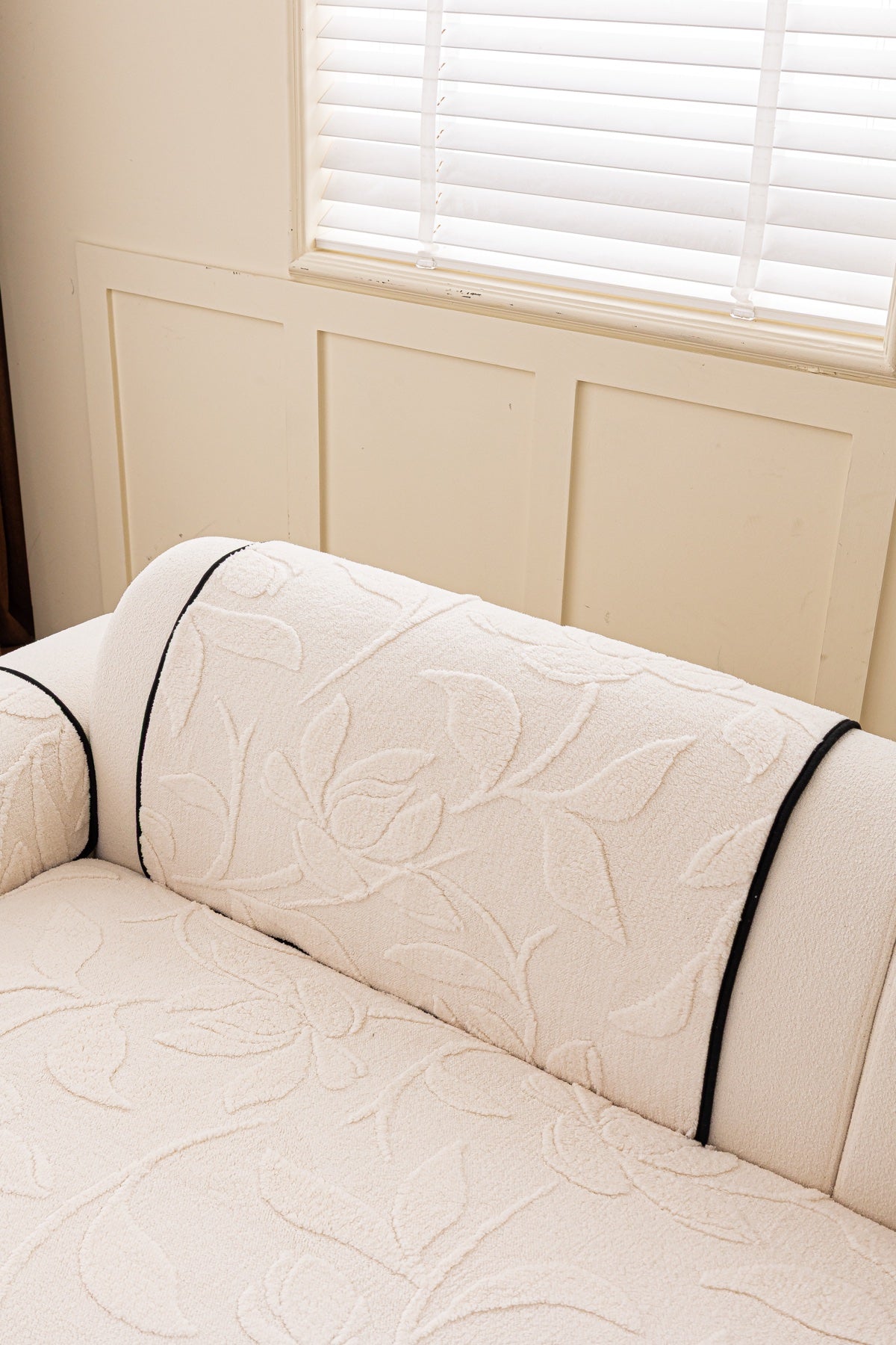 Sofa Decor Willow Quilted Leaf Sofa Seat Cover in Ivory Leaf - back cushion fit view for quilted sofa seat covers in the UK