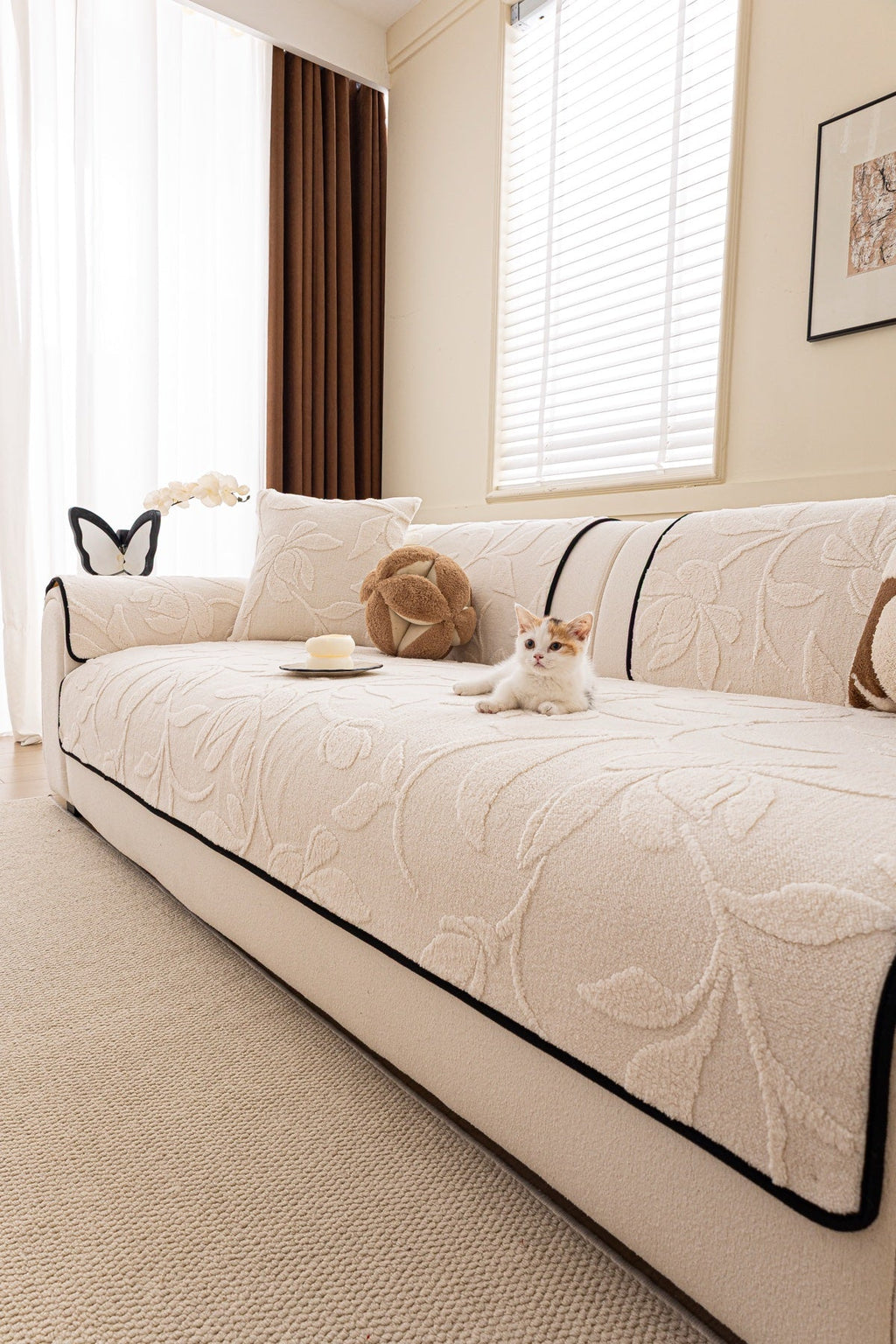 Sofa Decor Willow Quilted Leaf Sofa Seat Cover in Ivory Leaf - pet-friendly sofa styling for quilted sofa seat covers in the UK