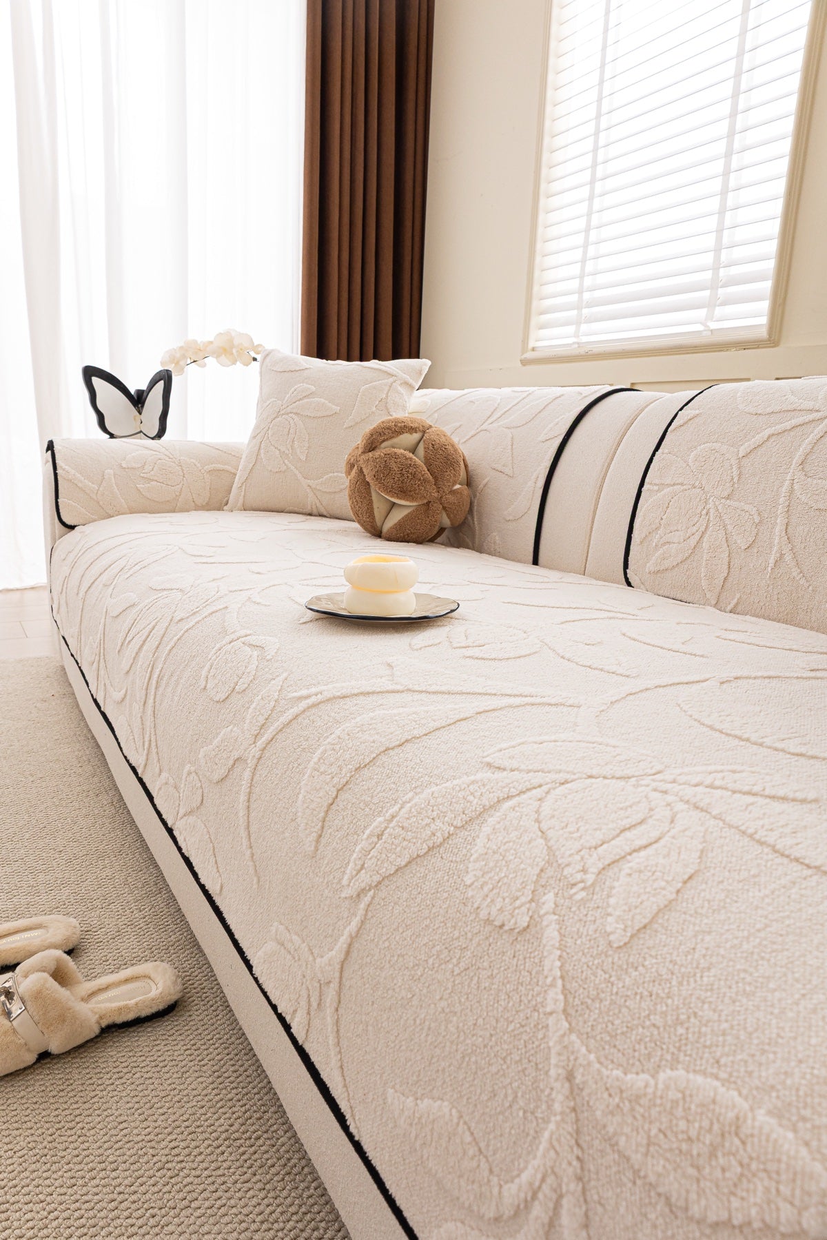 Sofa Decor Willow Quilted Leaf Sofa Seat Cover in Ivory Leaf - styled sofa seat cover for quilted sofa seat covers in the UK