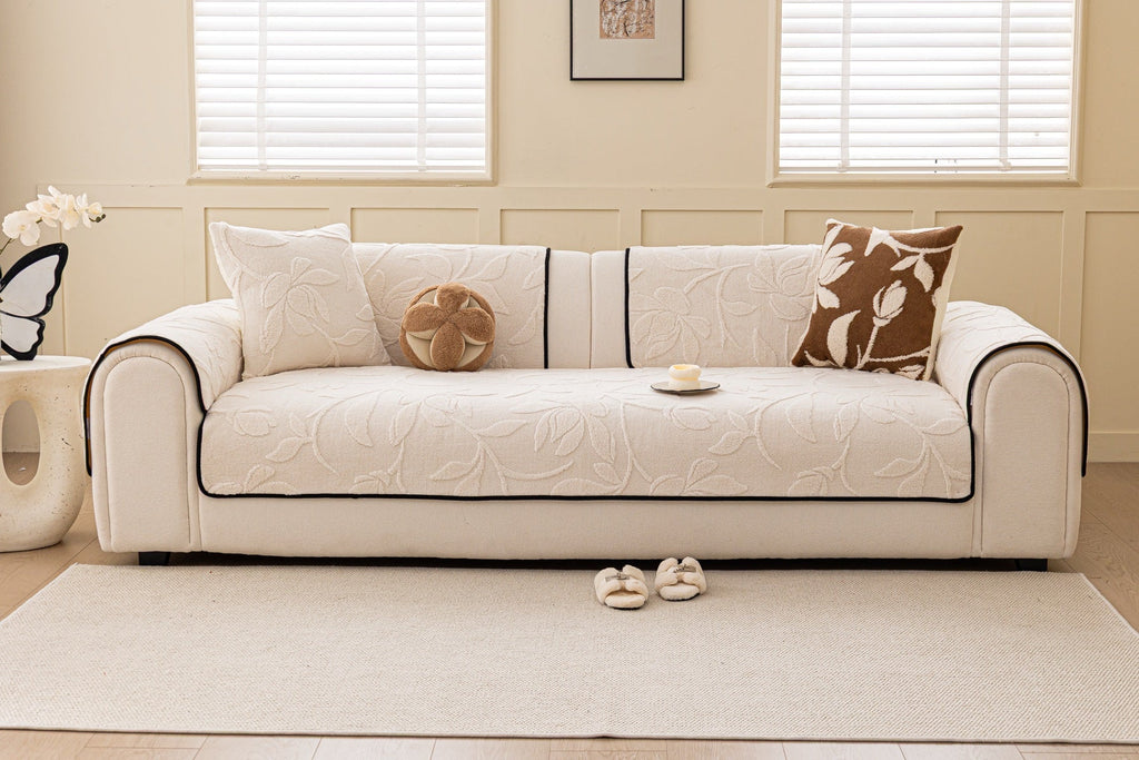 Sofa Decor Willow Quilted Leaf Sofa Seat Cover in Ivory Leaf - front sofa fit view for quilted sofa seat covers in the UK