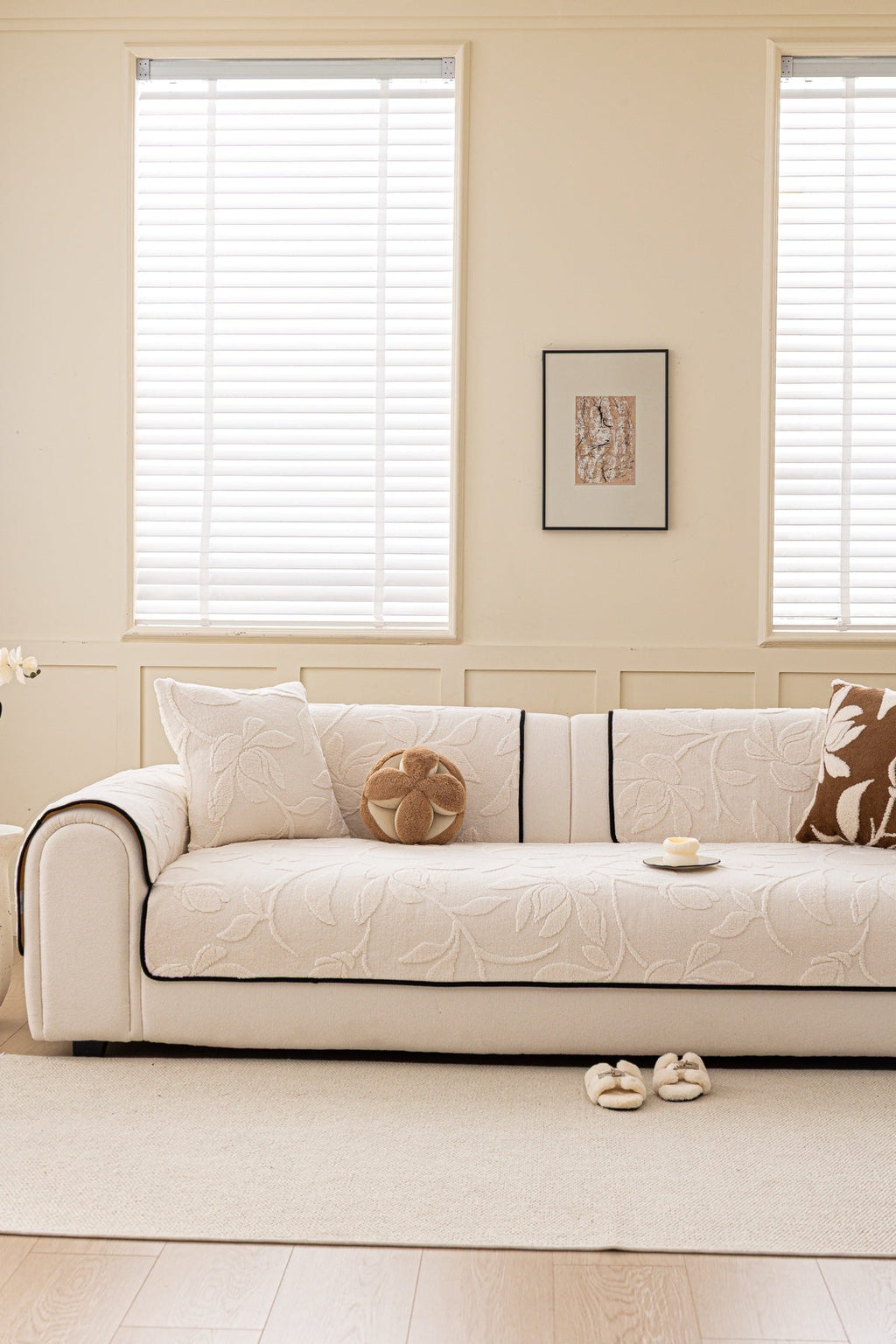Sofa Decor Willow Quilted Leaf Sofa Seat Cover in Ivory Leaf - front sofa fit view for quilted sofa seat covers in the UK