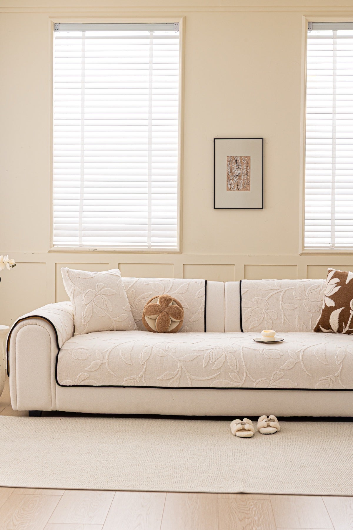 Sofa Decor Willow Quilted Leaf Sofa Seat Cover in Ivory Leaf - front sofa fit view for quilted sofa seat covers in the UK