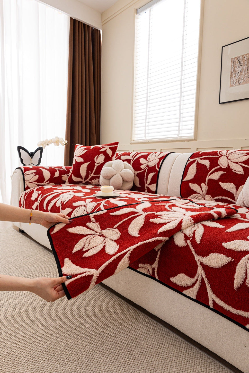 Sofa Decor Willow Quilted Leaf Sofa Seat Cover in Ruby Leaf - styled sofa seat cover for quilted sofa seat covers in the UK